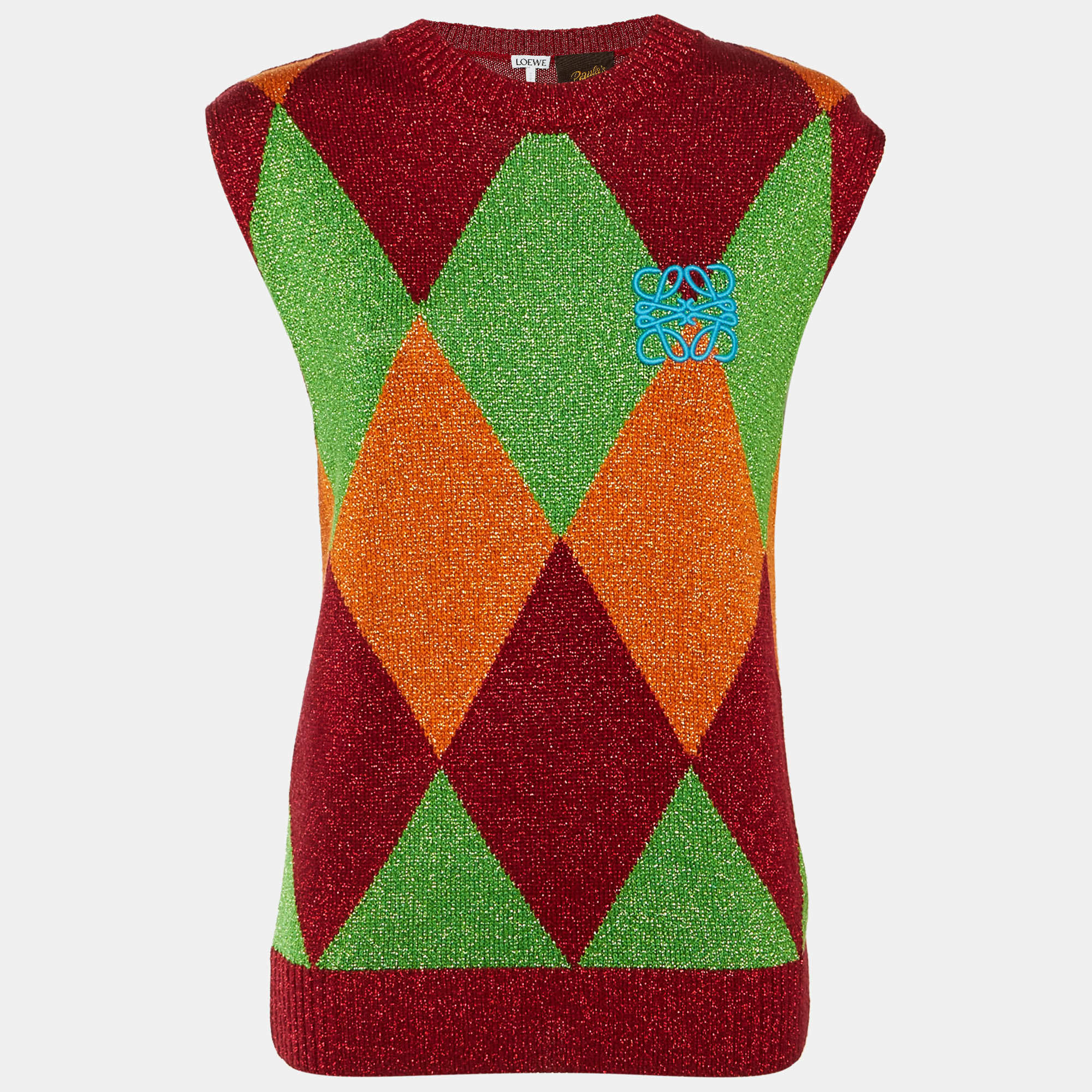 مملوكة مسبقًا Loewe X Paula's Ibiza Red Argyle Lurex Knit Anagram Sweater Vest S
