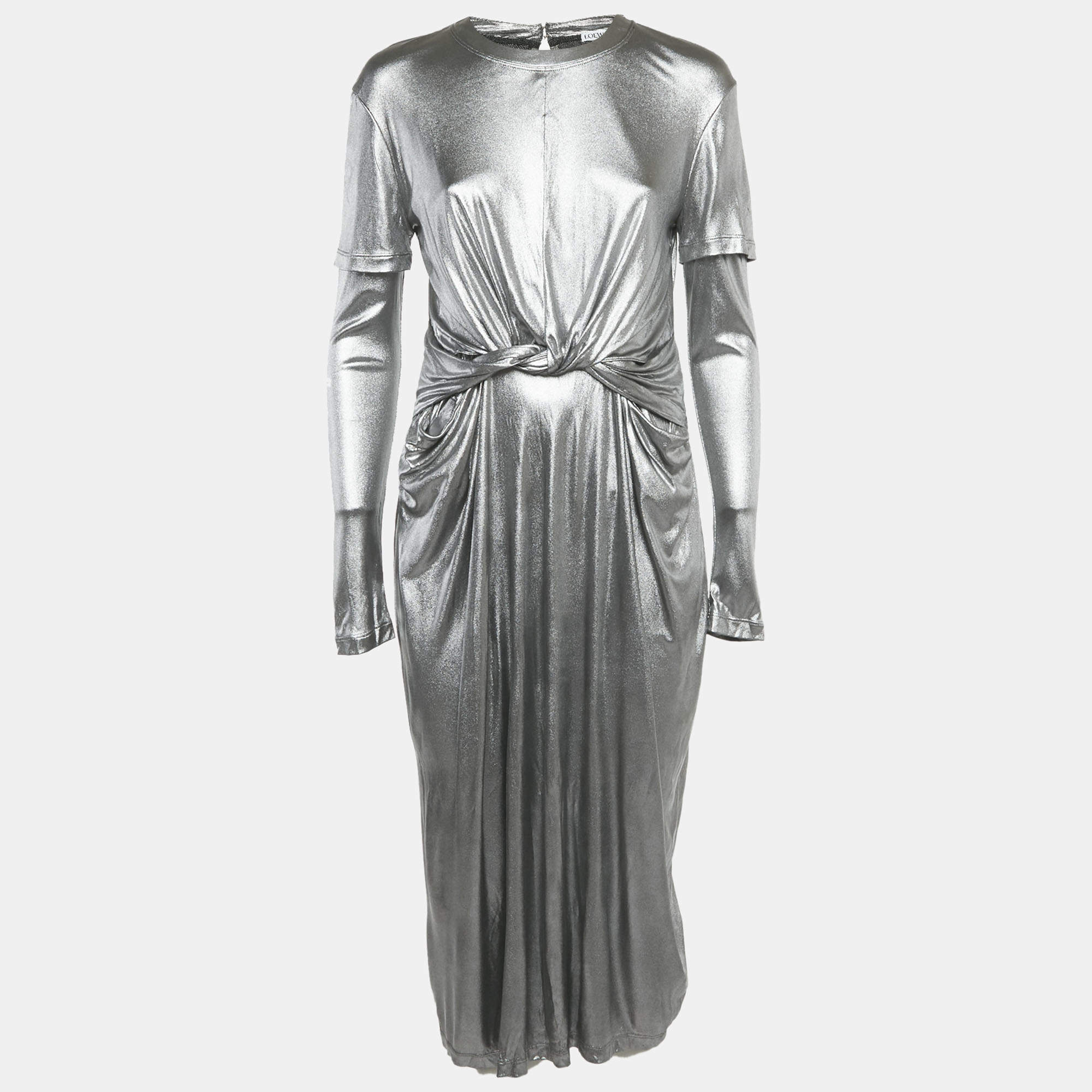 Pre Owned Loewe Silver Jersey Draped Cut-Out Maxi Dress S