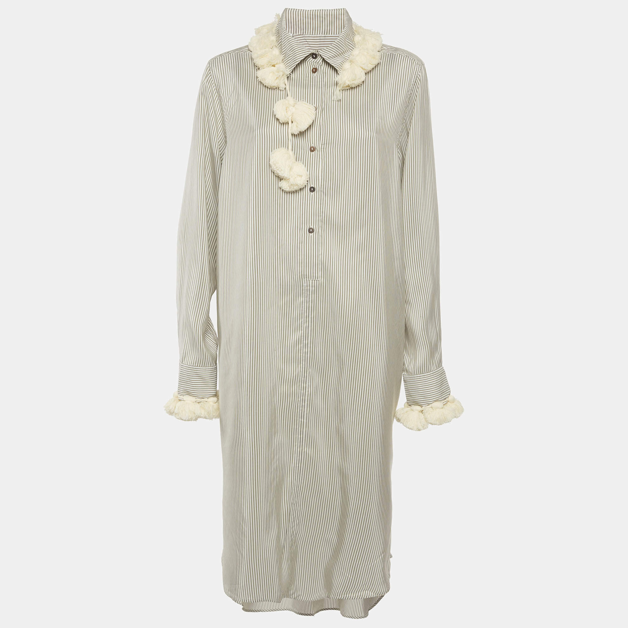 مملوكة مسبقًا فستان قميص كريب رمادي مخطط مزين بشرّابة من لويفي مقاس كبير