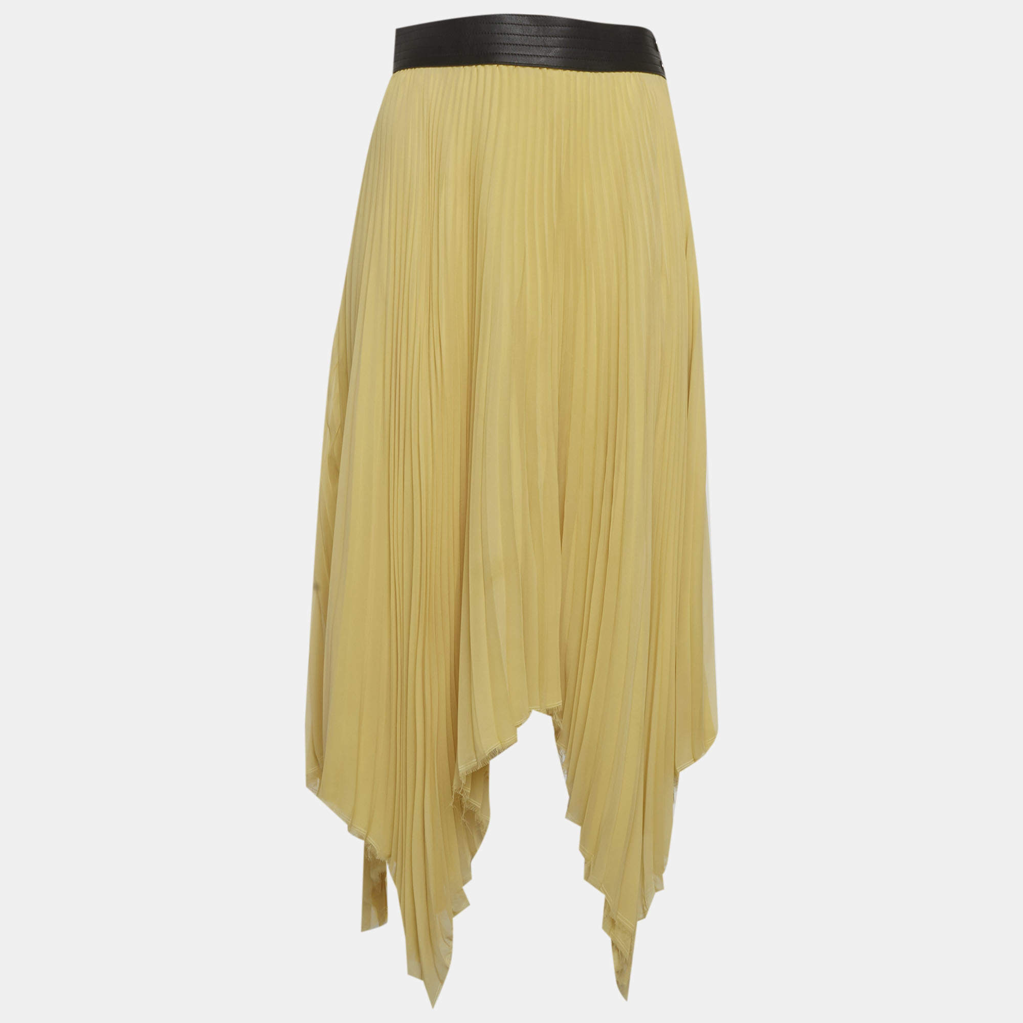 Pre Owned Loewe Yellow Plisse Leather Waist High-Low Hem Skirt M