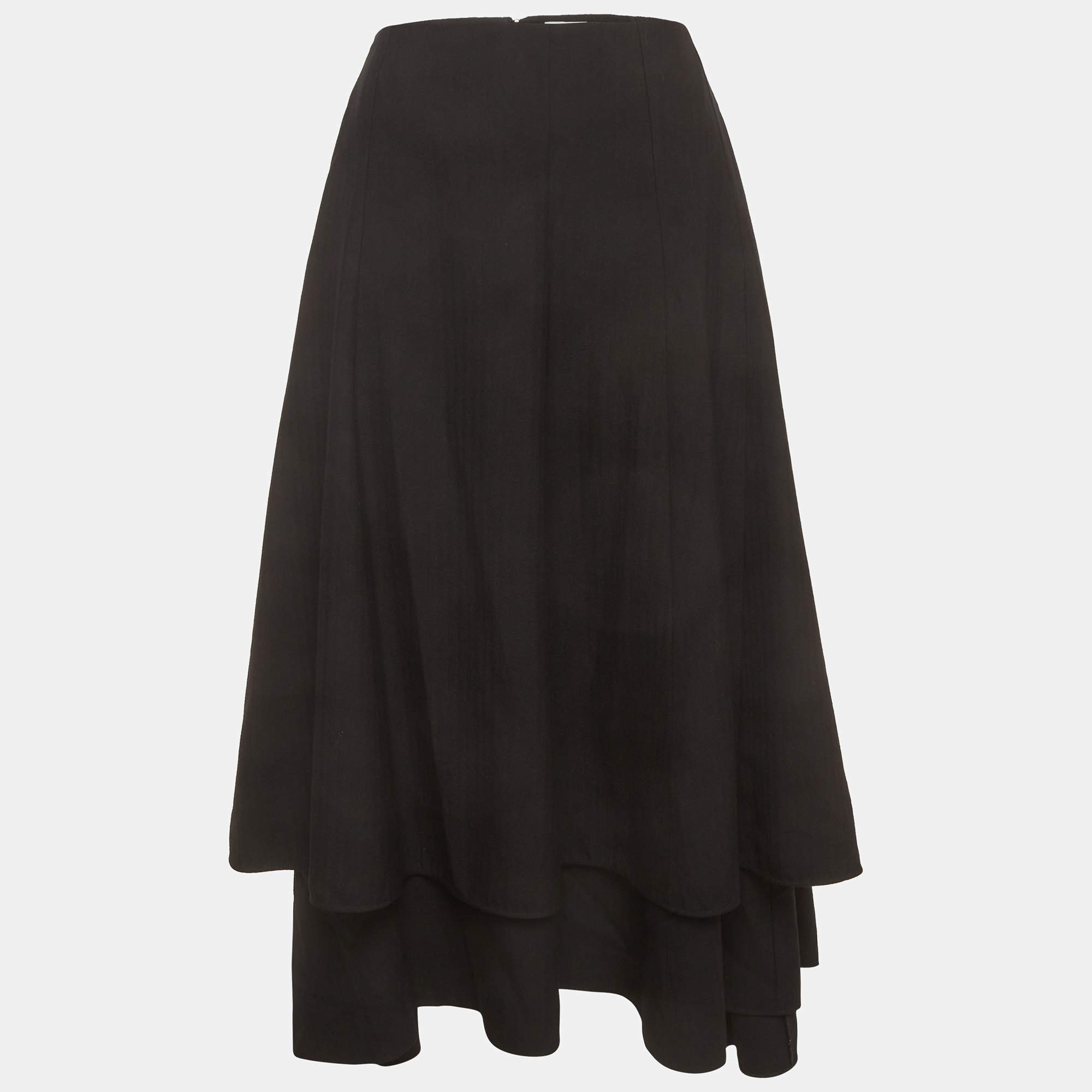 Pre Owned Loewe Black Striped Wool Double Layer Midi Skirt S