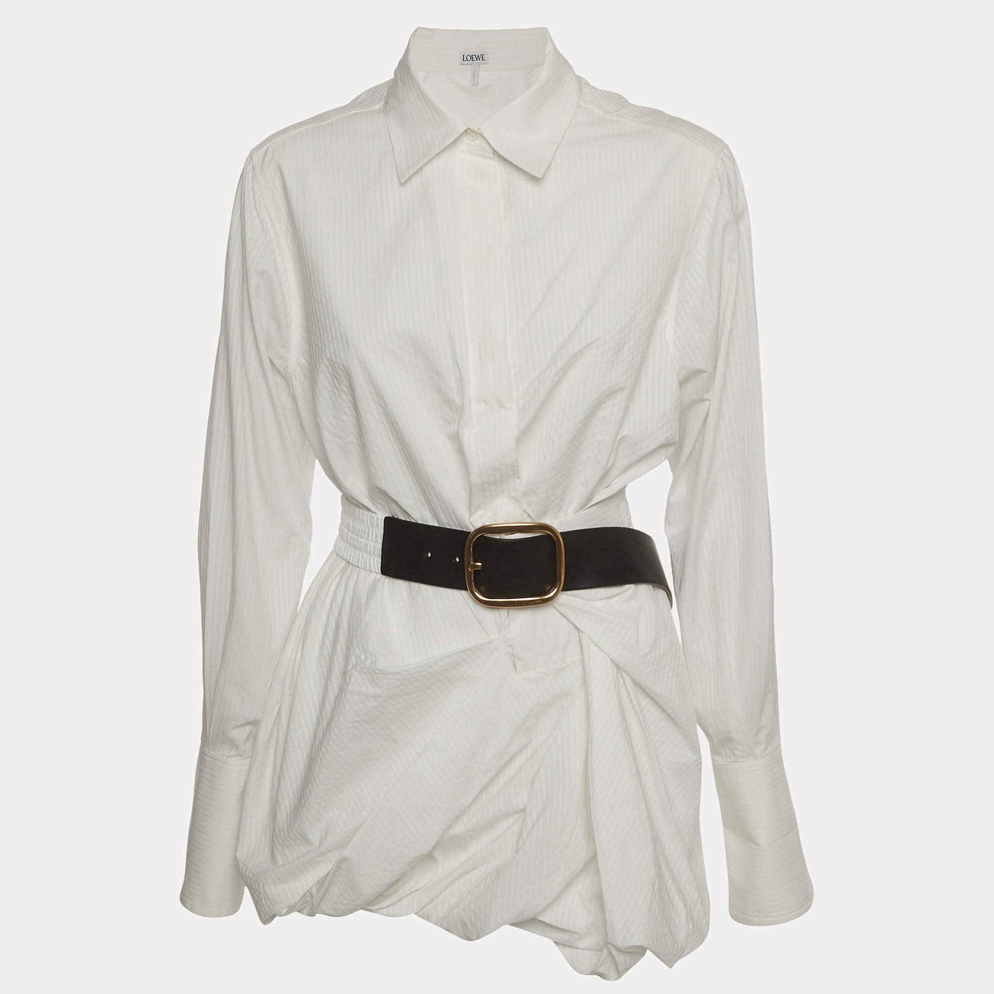 Pre Owned Loewe White Pinstripe Textured Cotton Draped Belted Shirt S