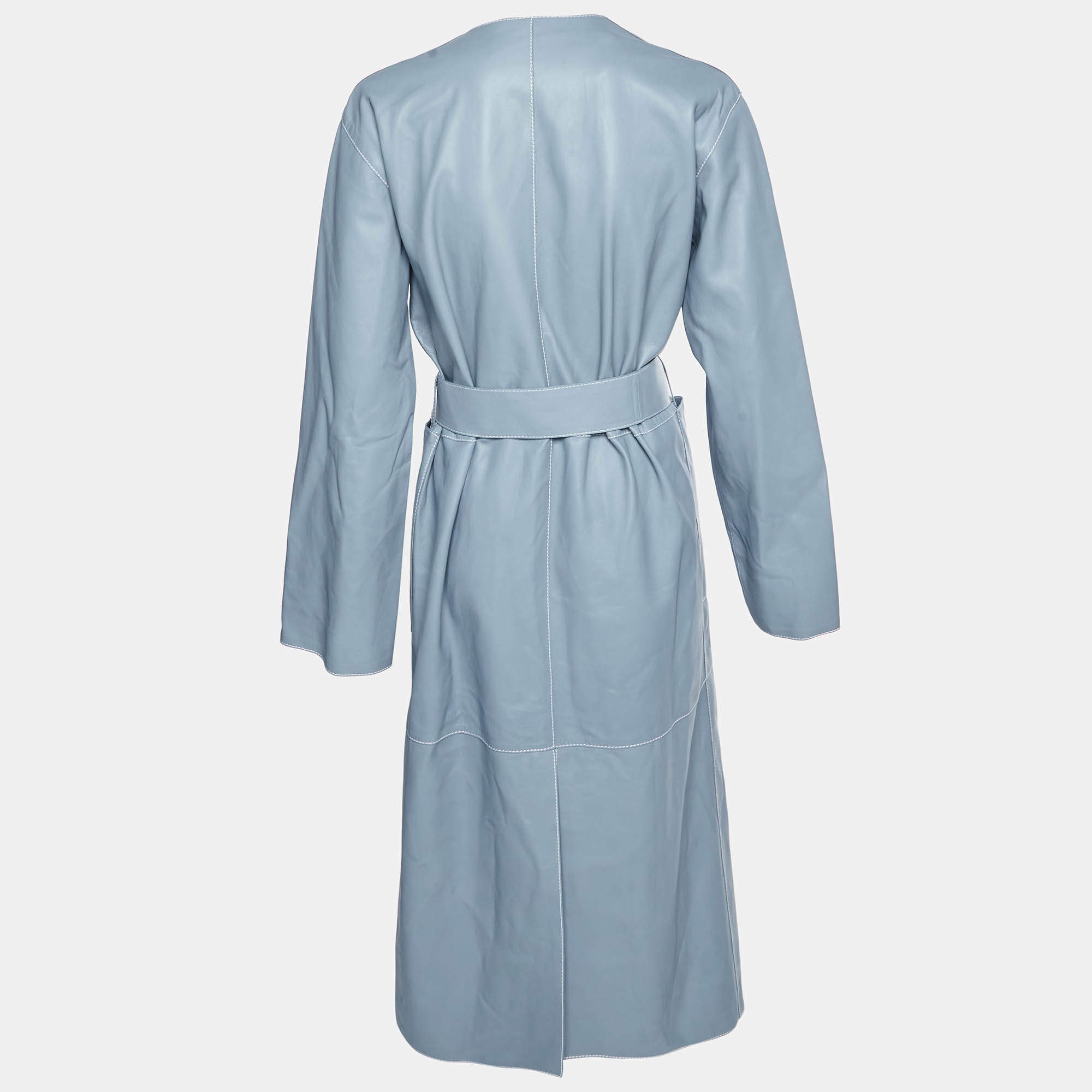 Pre Owned Loewe Slate Blue Leather Belted Wrap Coat M