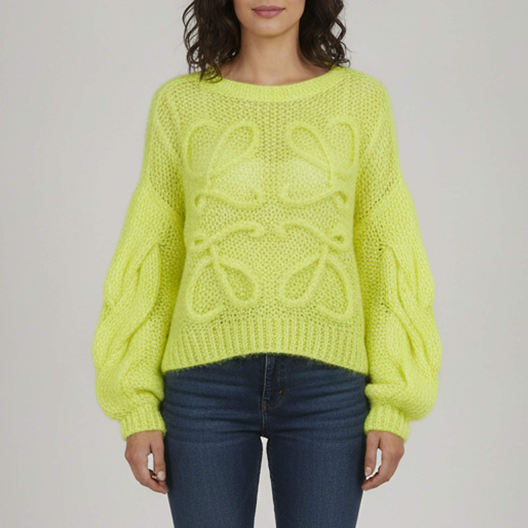 Pre Owned Loewe Neon Yellow Anagram Mohair Wool Blend Knit Sweater S