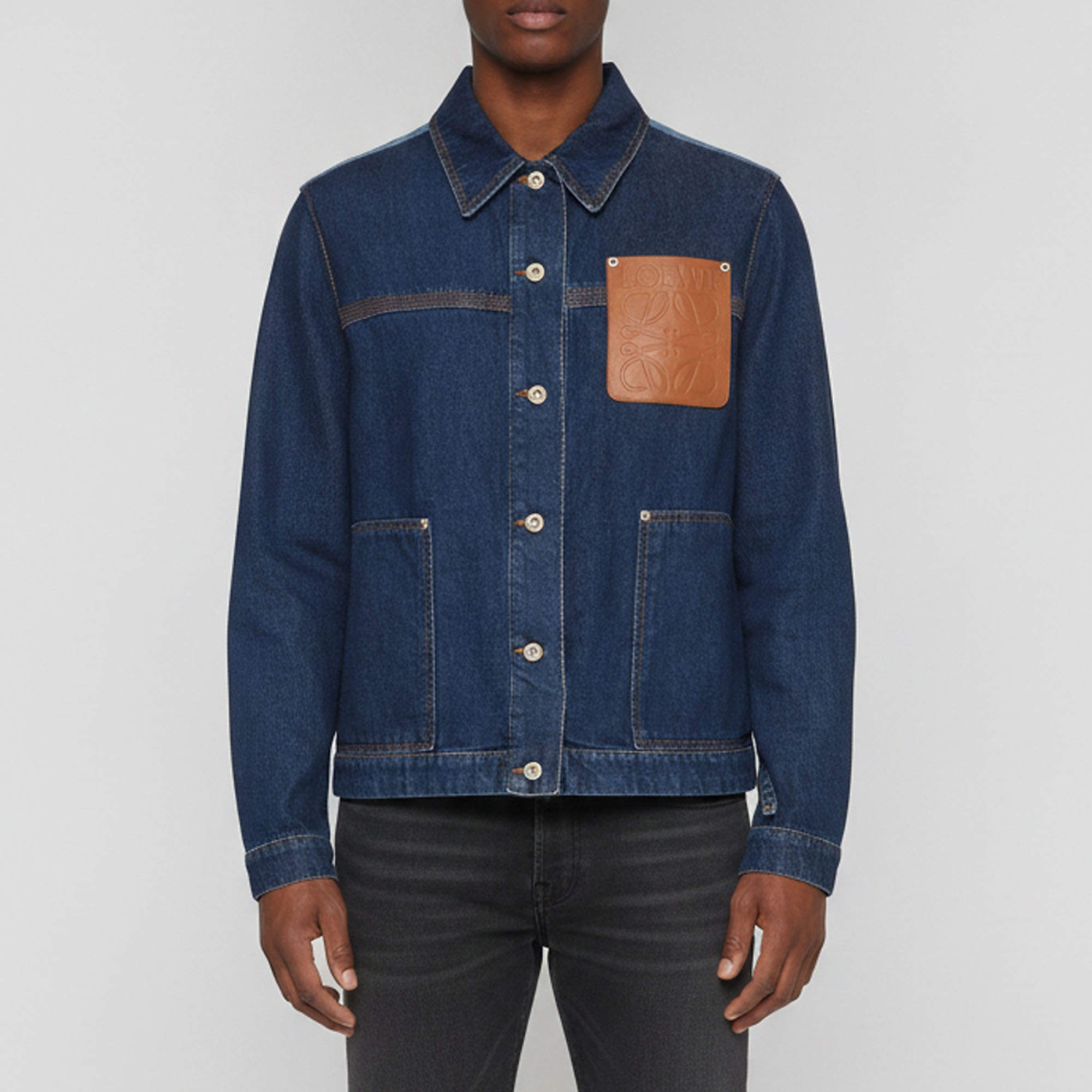 Pre Owned Loewe Blue Anagram Denim Leather Patched Workwear Jacket M