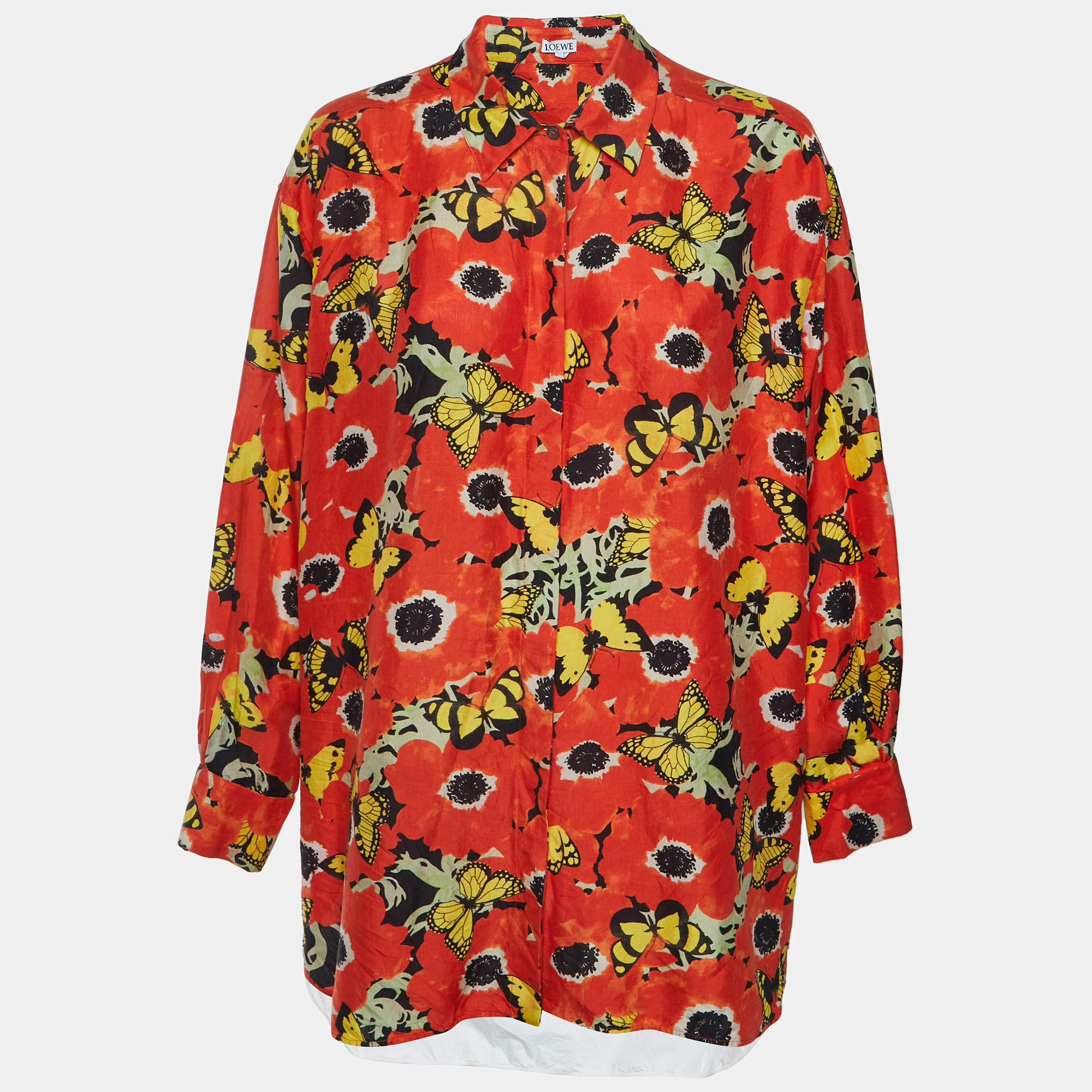 Pre Owned Loewe Orange Butterfly Print Silk & Cotton Paneled Shirt L