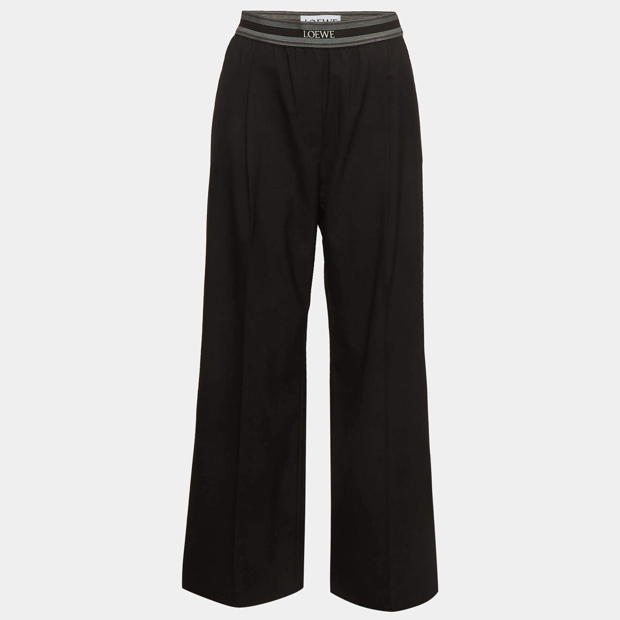 Pre Owned Loewe Black Wool Striped Logo Waistband Pleated Wide Leg Pants M 