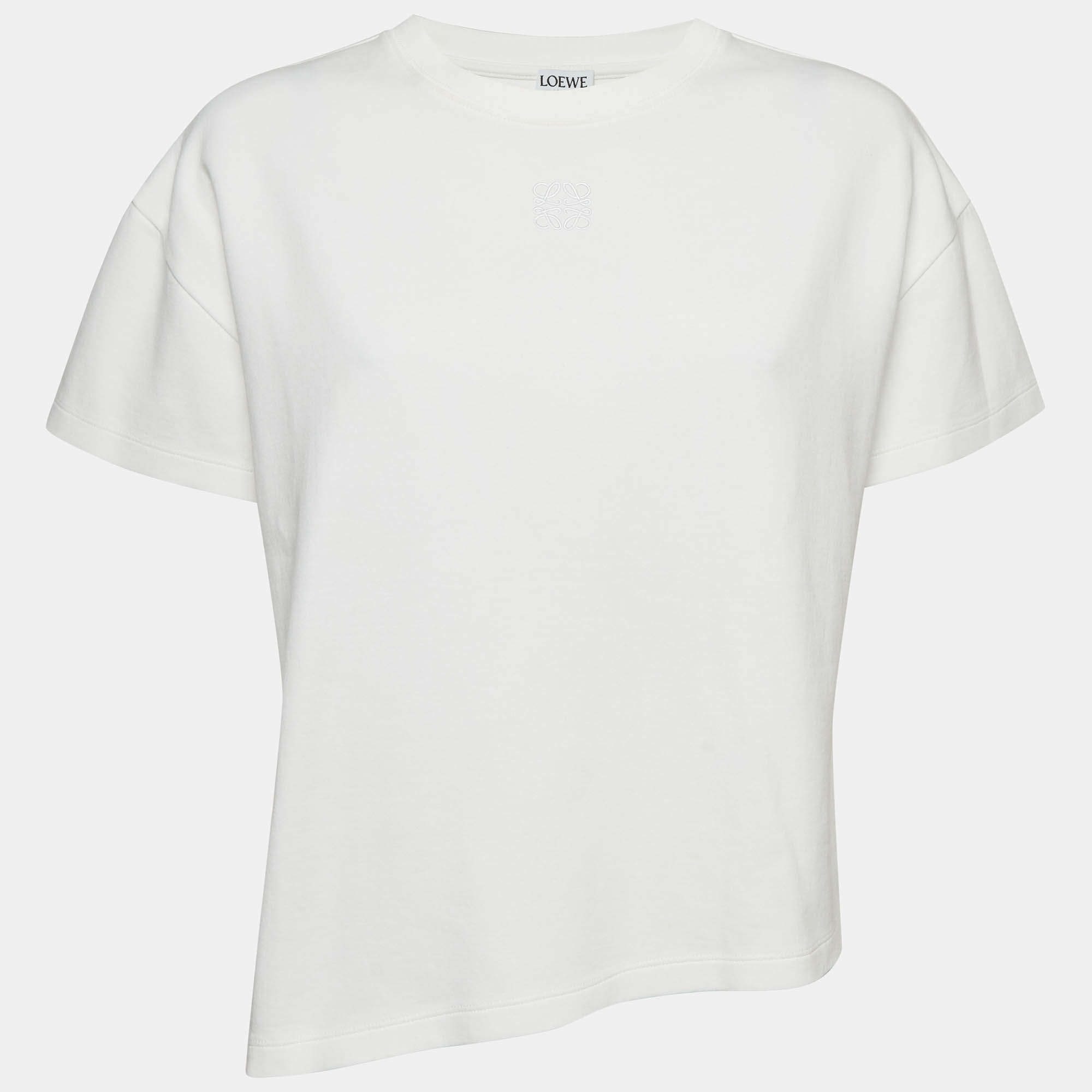 Pre Owned Loewe White Cotton Anagram Embroidered Asymmetric T-Shirt M