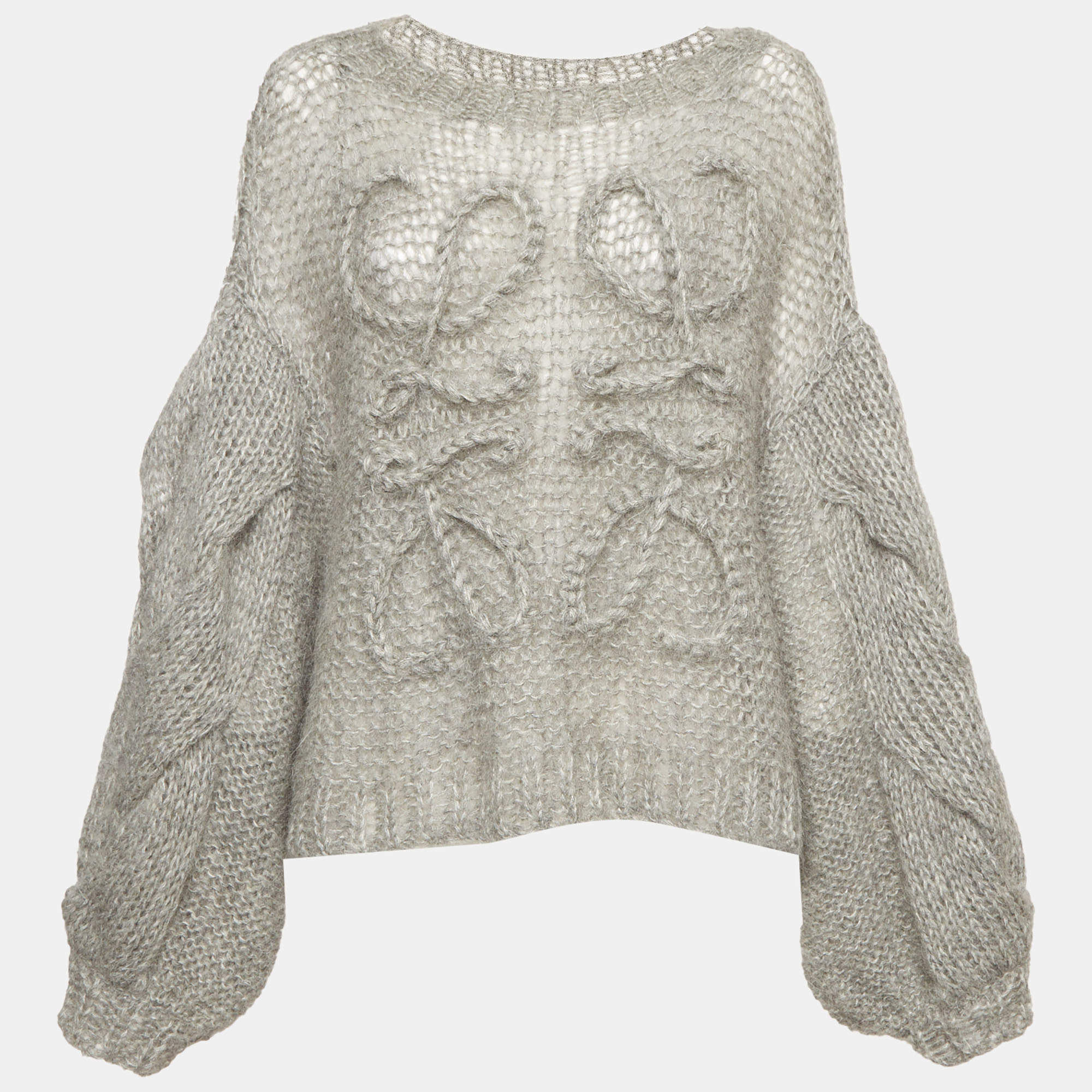 Pre Owned Loewe Grey Logo Anagram Mohair Wool Blend Oversized Semi Sheer Sweater M