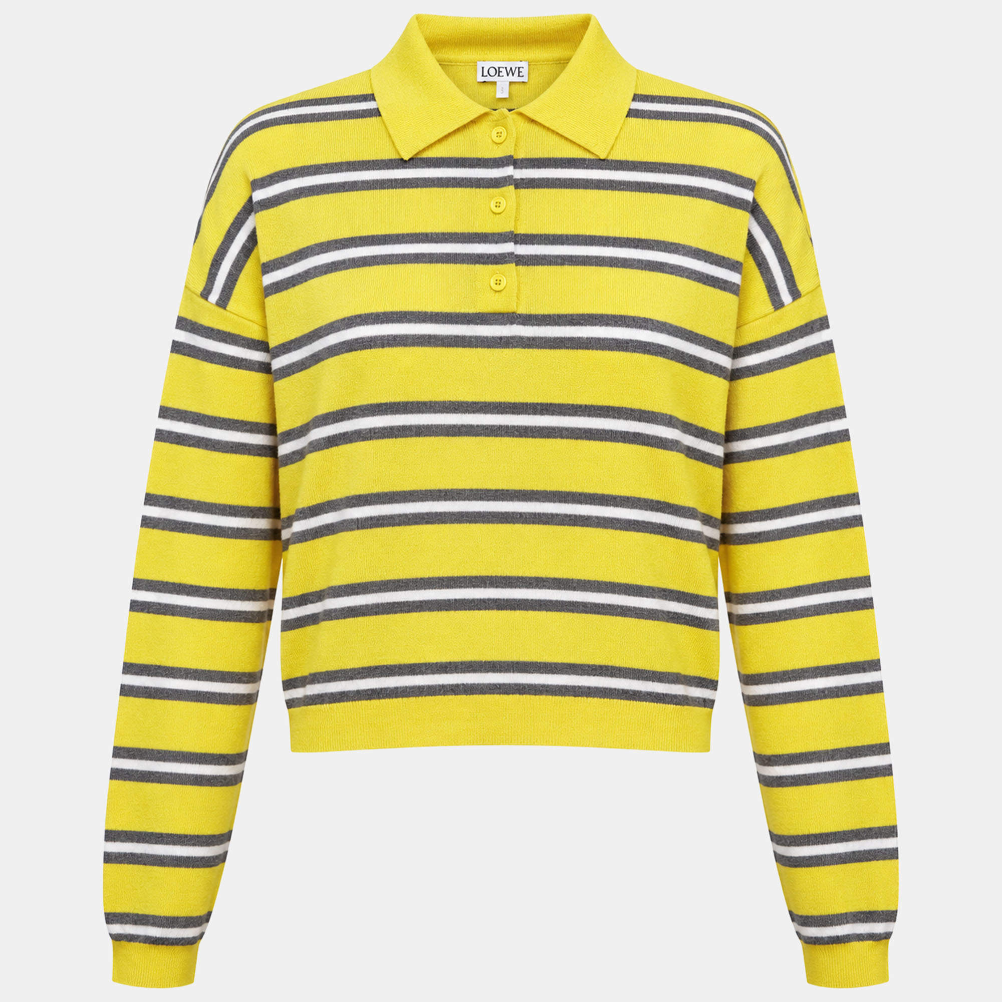 Pre Owned Loewe Yellow/Grey Striped Wool Knit Polo Cropped Pullover L