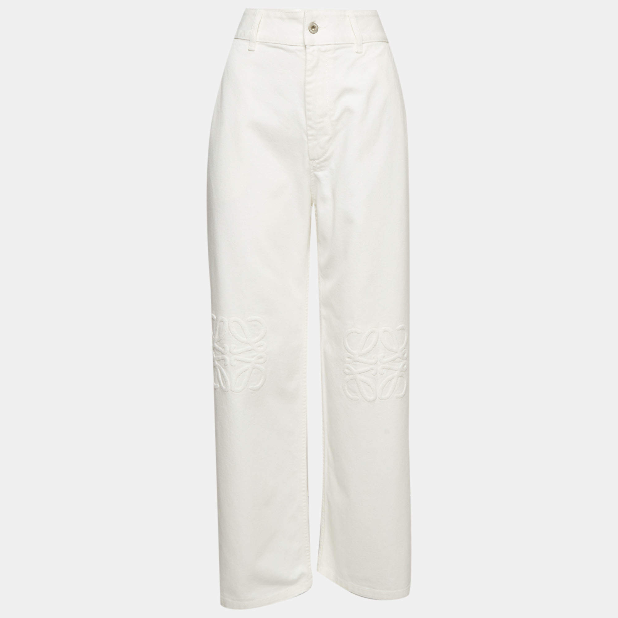 Pre Owned Loewe White Anagram Denim Wide Leg Jeans M/Waist 32"