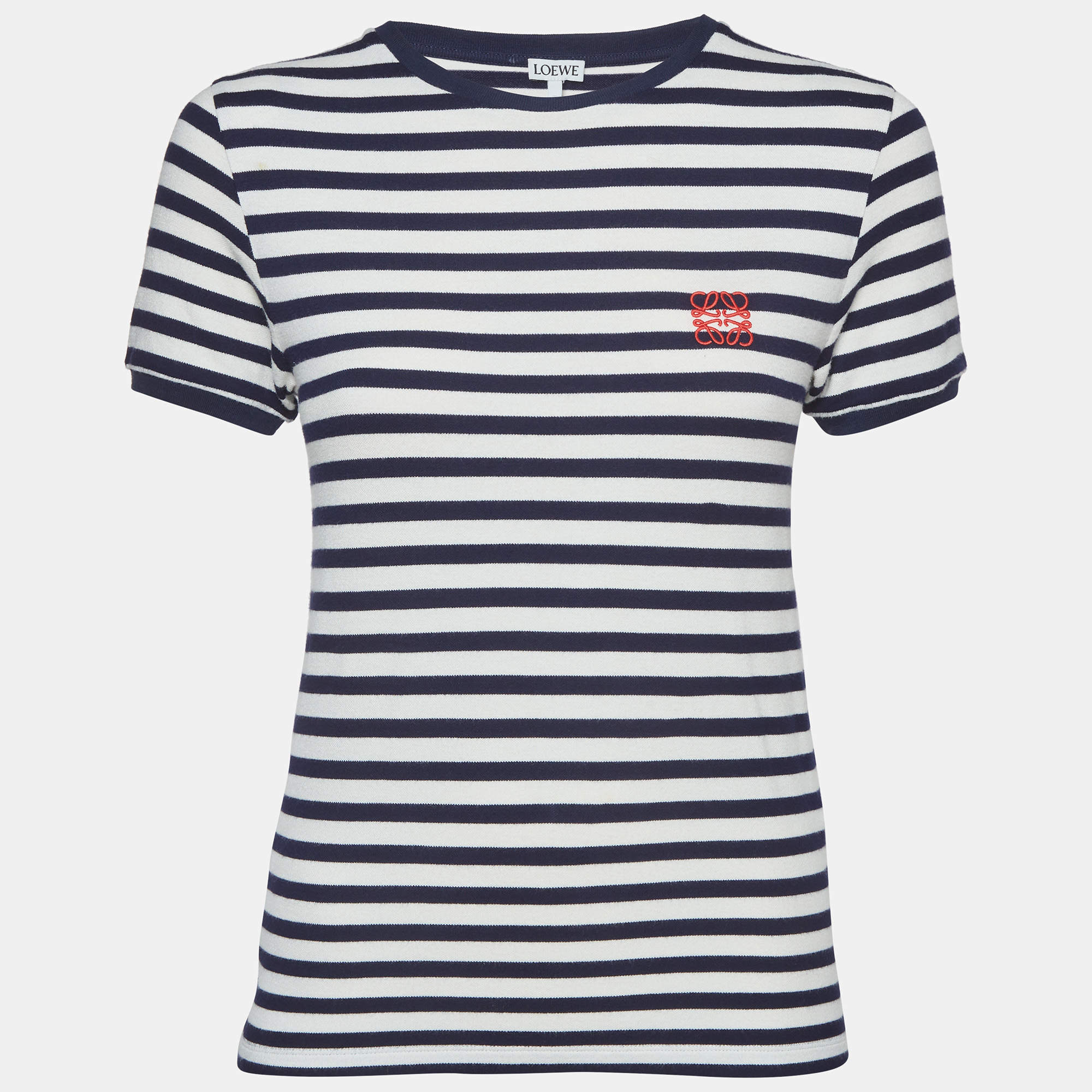 Pre Owned Loewe Navy Blue Striped Anagram Embroidered Jersey T-Shirt XS