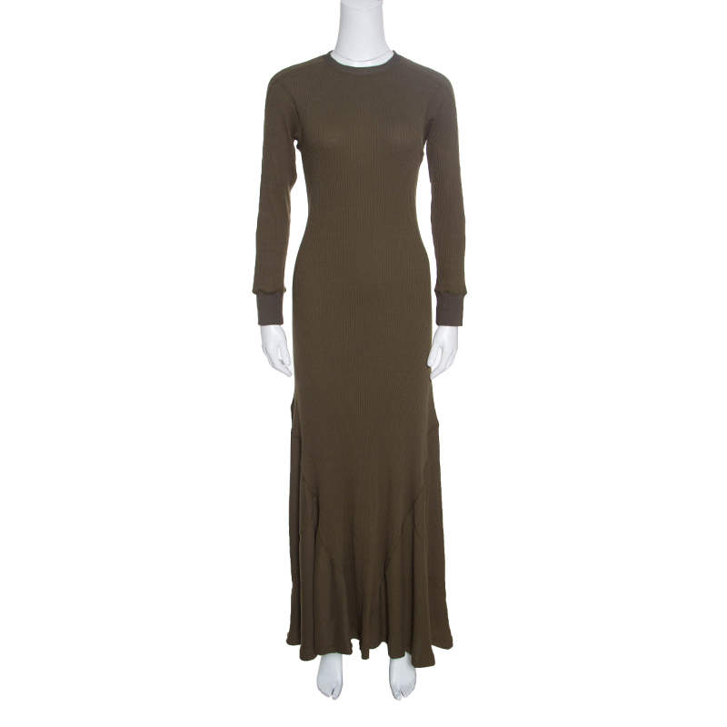Pre Owned Loewe Khaki Green Ribbed Knit Godet Maxi Dress S