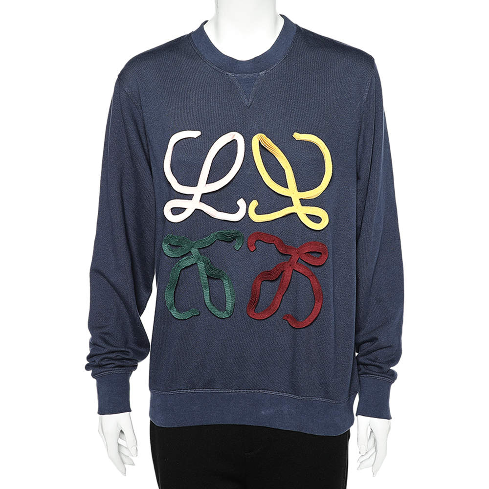 Pre Owned Loewe Navy Blue Cotton Logo Appliqued Crewneck Sweatshirt L