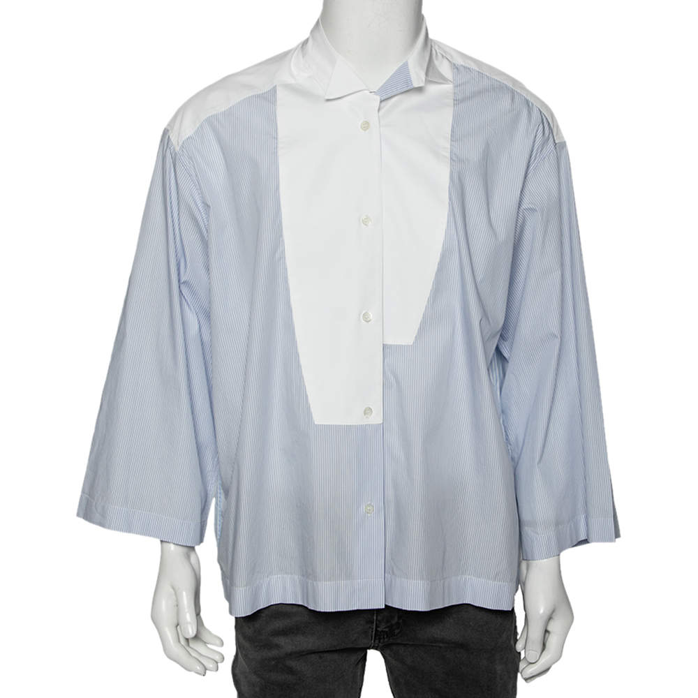 Pre Owned Loewe Blue & White Striped Paneled Cotton Oversized Shirt M