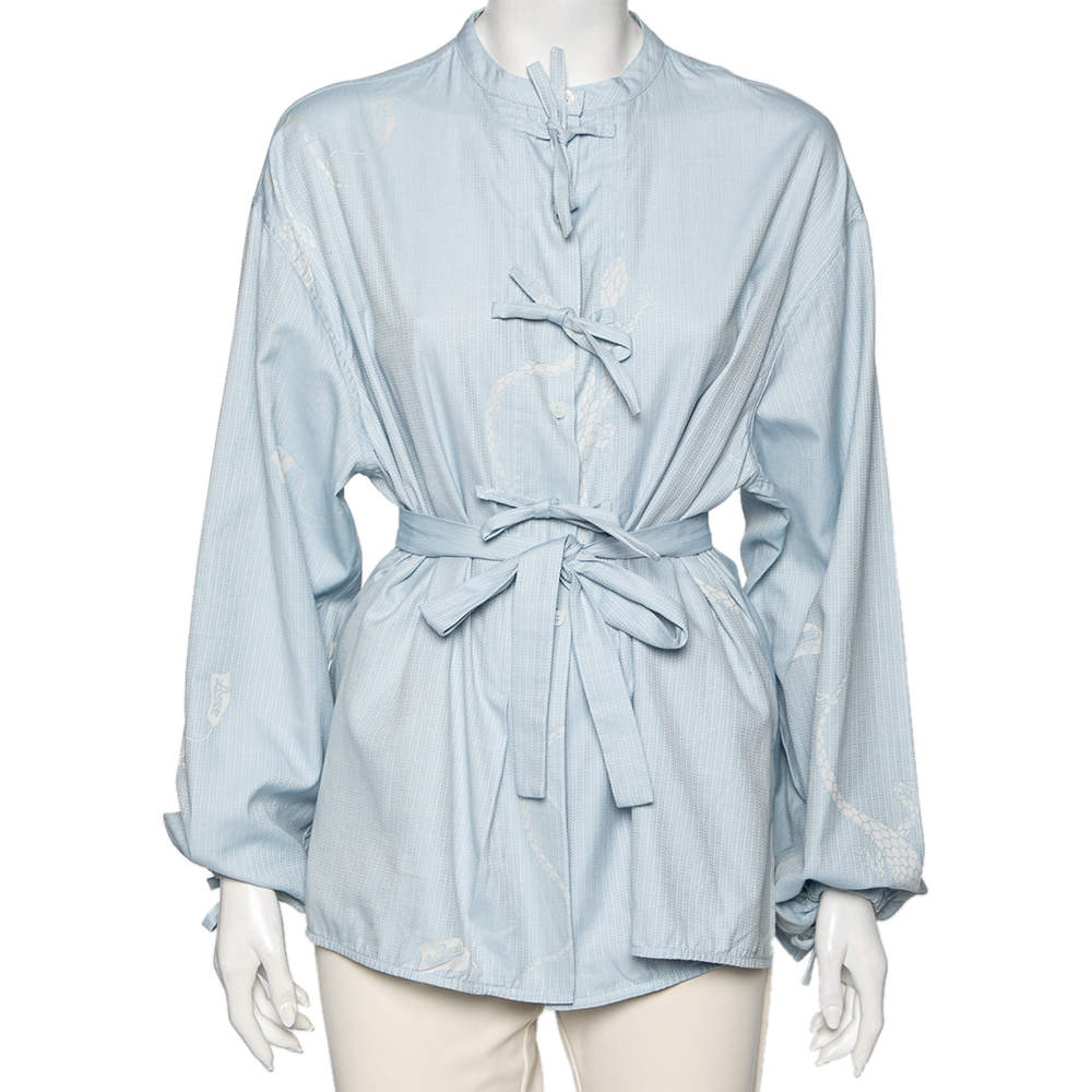 مملوكة مسبقًا بلوزة لويفي قطن أزرق مطبوع برباط أزرار أمامية نمط واسع مقاس صغير - سمول