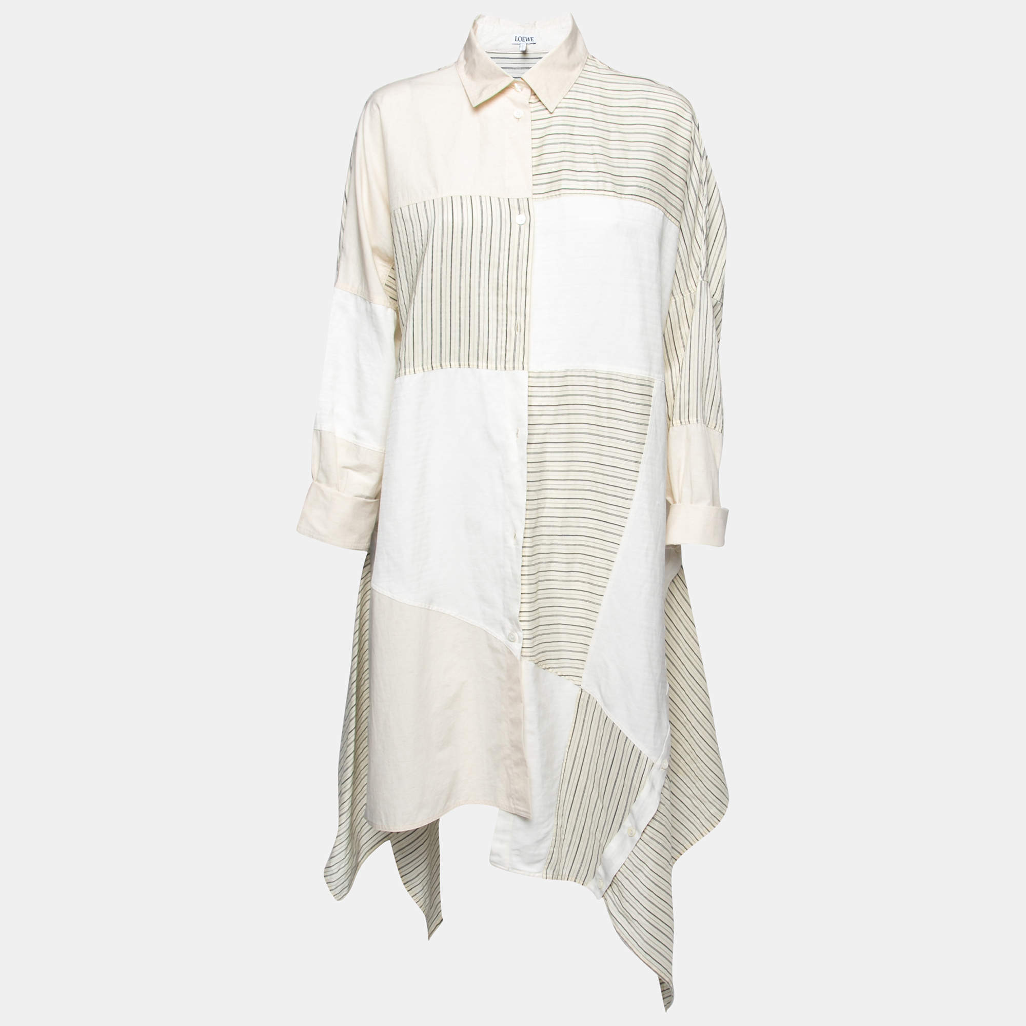 Loewe Cream Linen Blend Patchwork Asymmetrical Hem Shirt Dress S