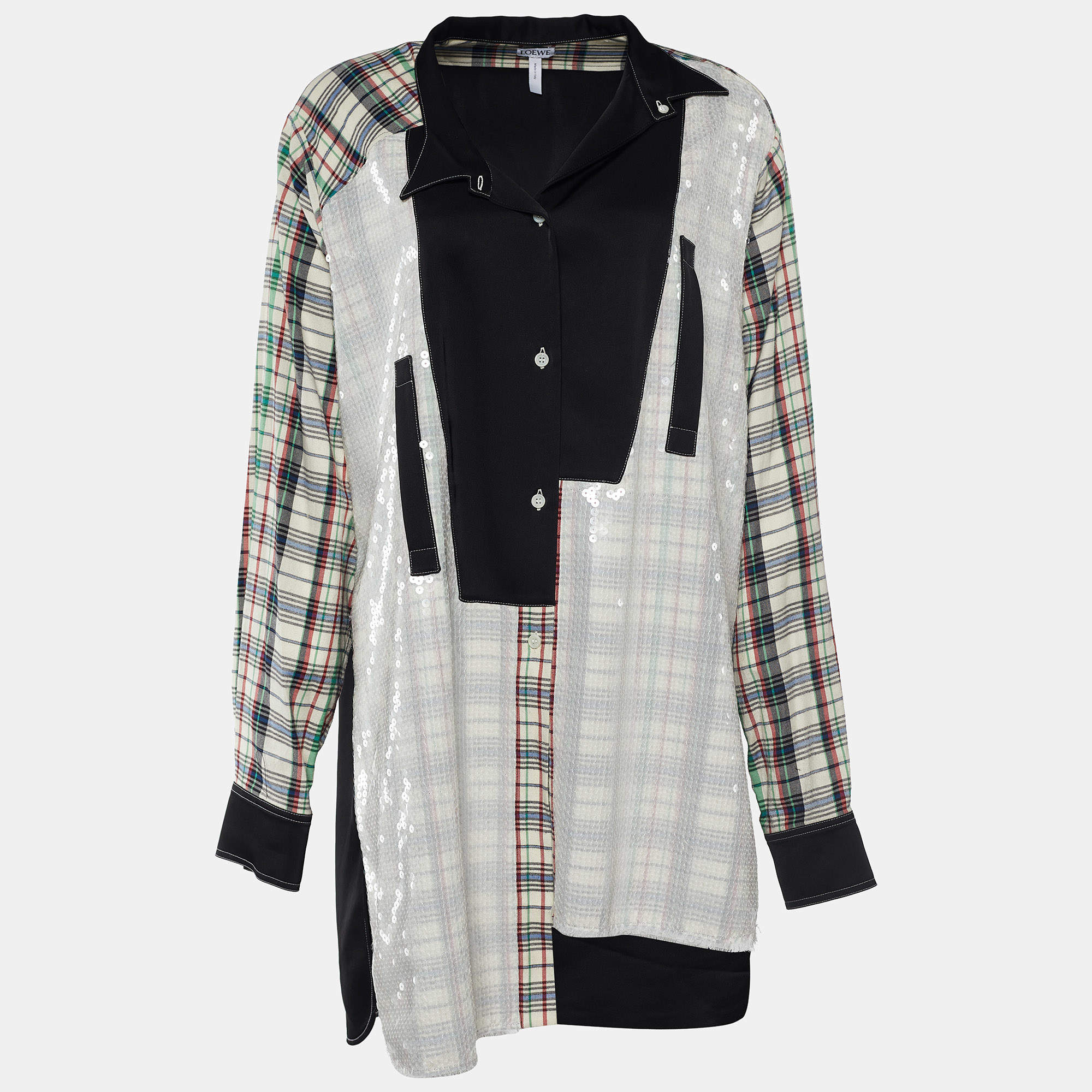 Loewe Black Sequined & Plaid Patchwork Shirt Dress S