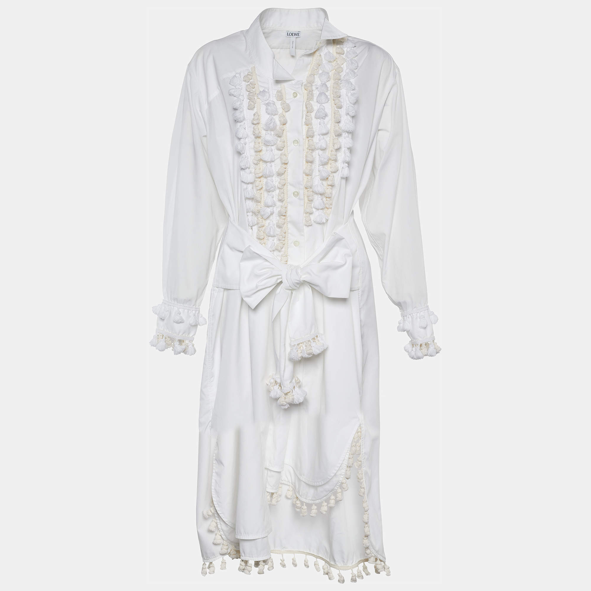 Pre Owned Loewe White Poplin Tasseled Tie Detail Shirt Dress S