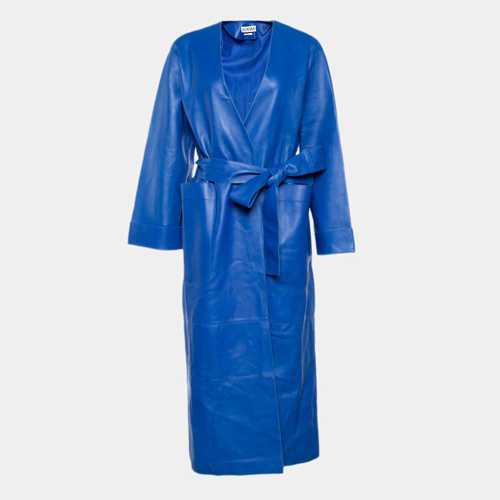 Pre Owned Loewe Blue Leather Belted Long Coat S