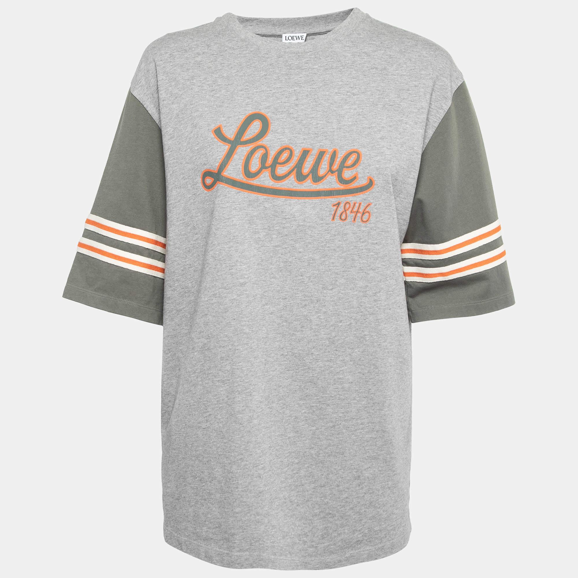 Pre Owned Loewe Grey Logo Printed Cotton Oversized Half Sleeve T-Shirt XS