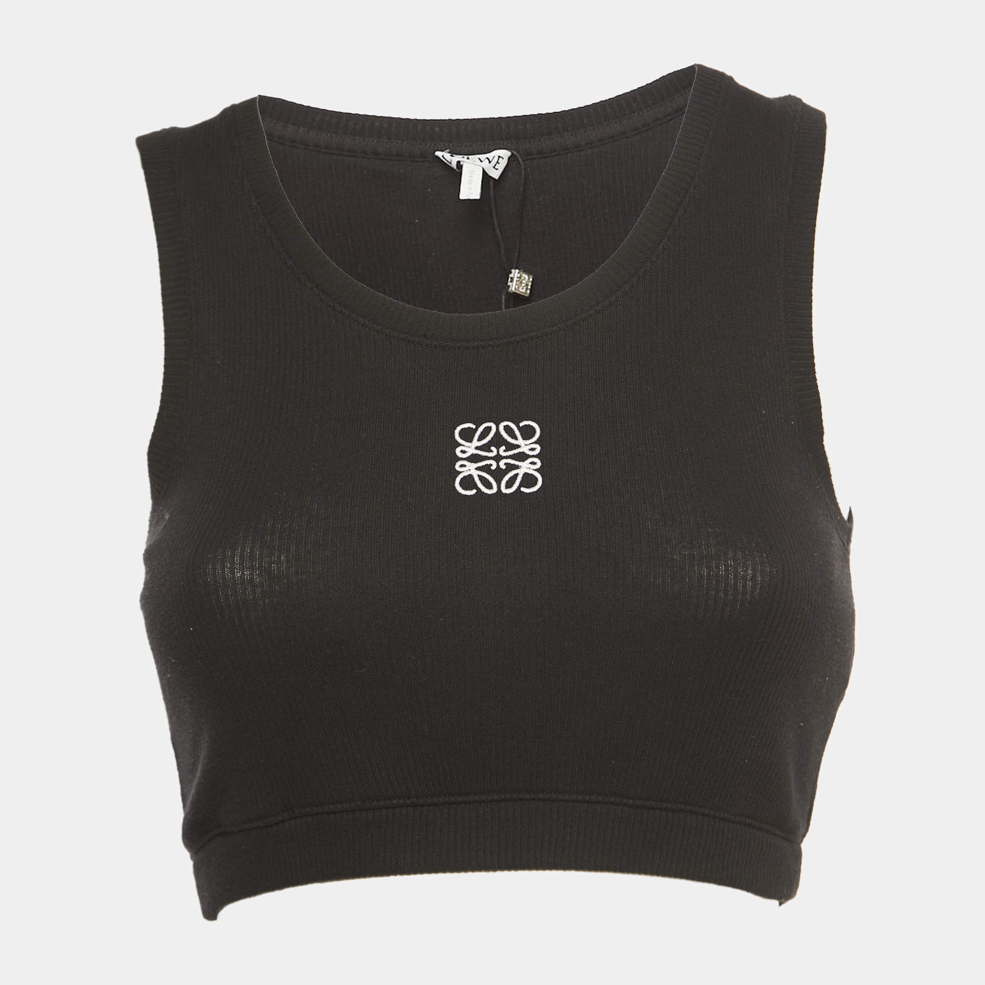 Loewe Black Ribbed Knit Anagram Crop Top S