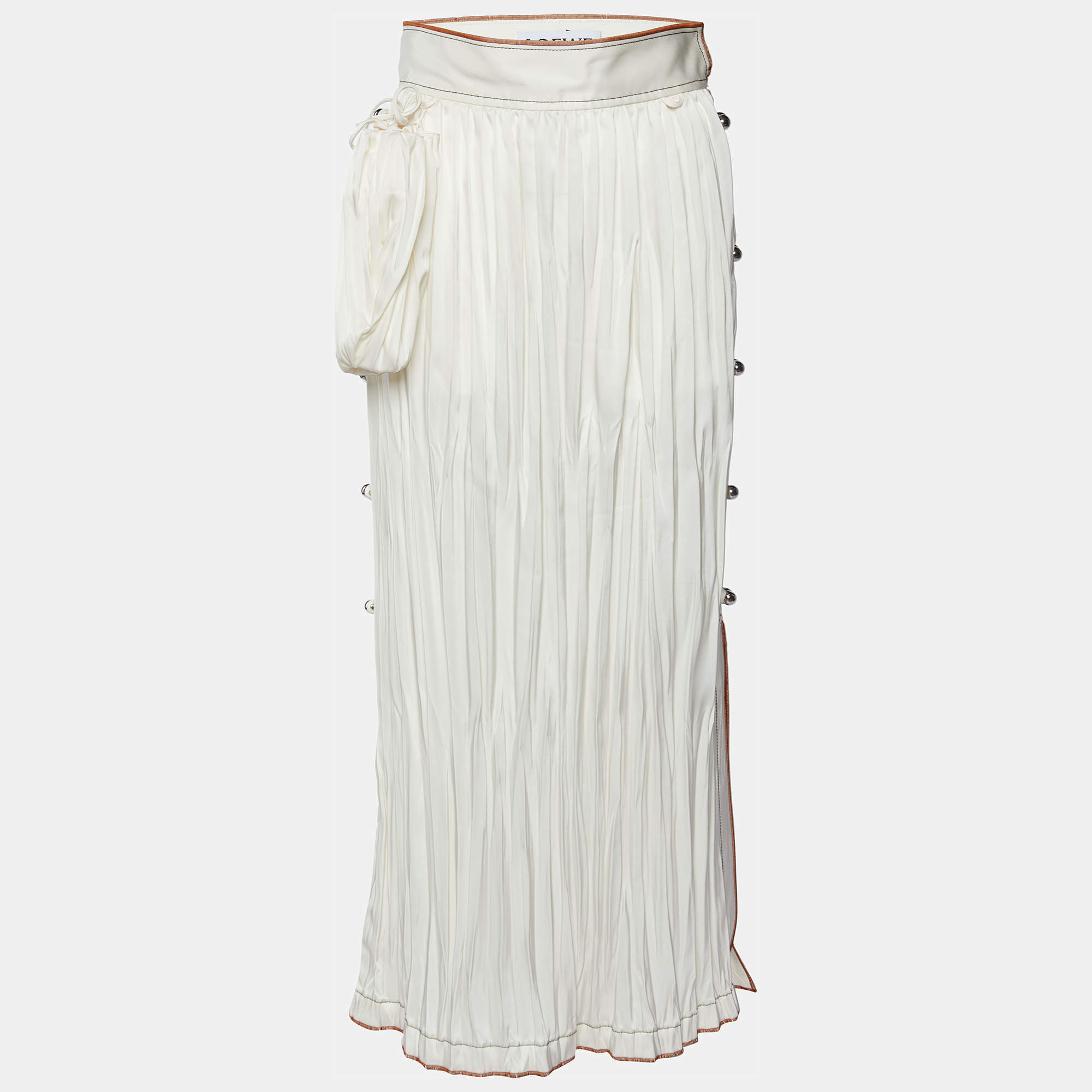 Pre Owned Loewe Ivory White Crinkled Satin Midi Skirt S