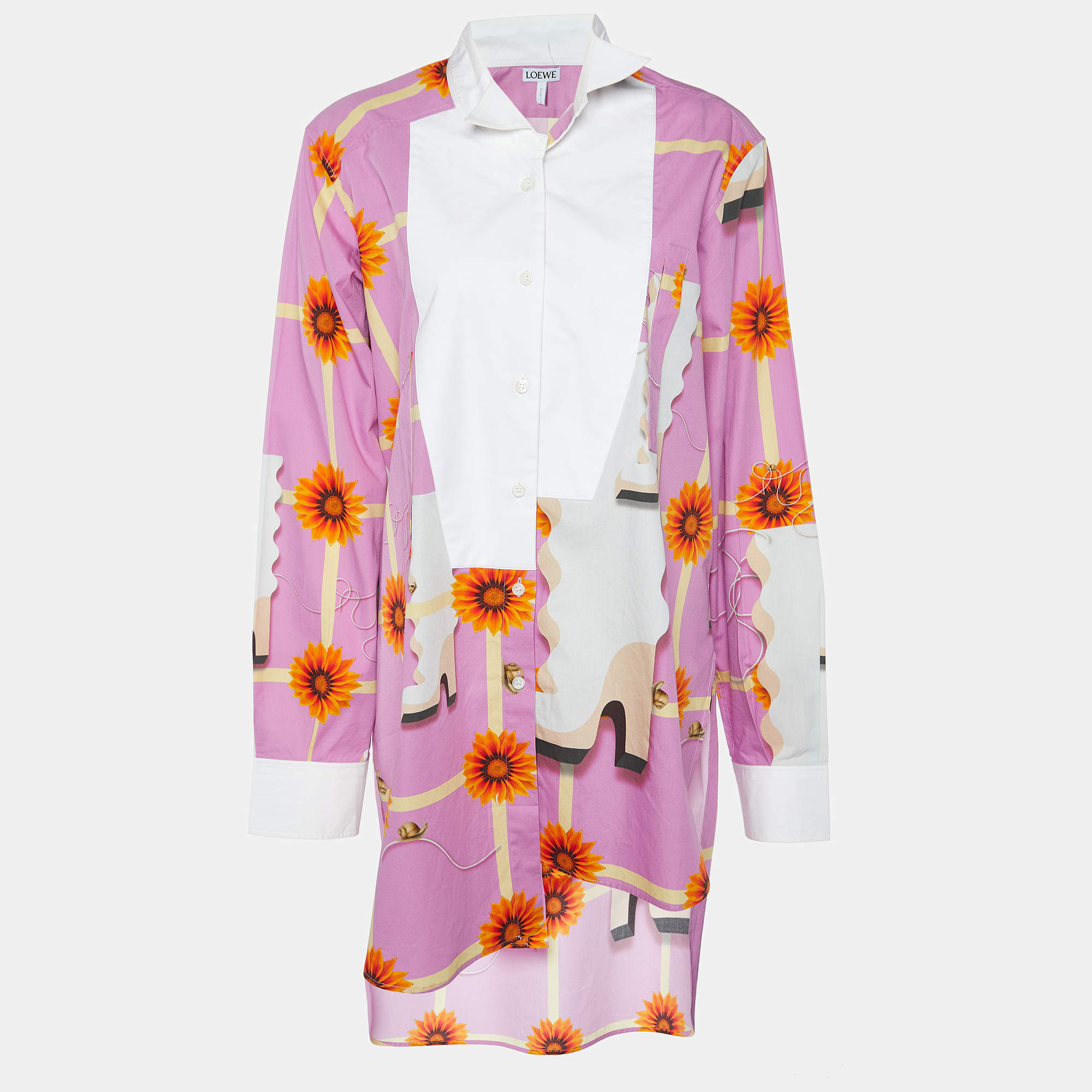 Pre Owned Loewe Pink/White Wallpaper Print Cotton Asymmetric Long Shirt M