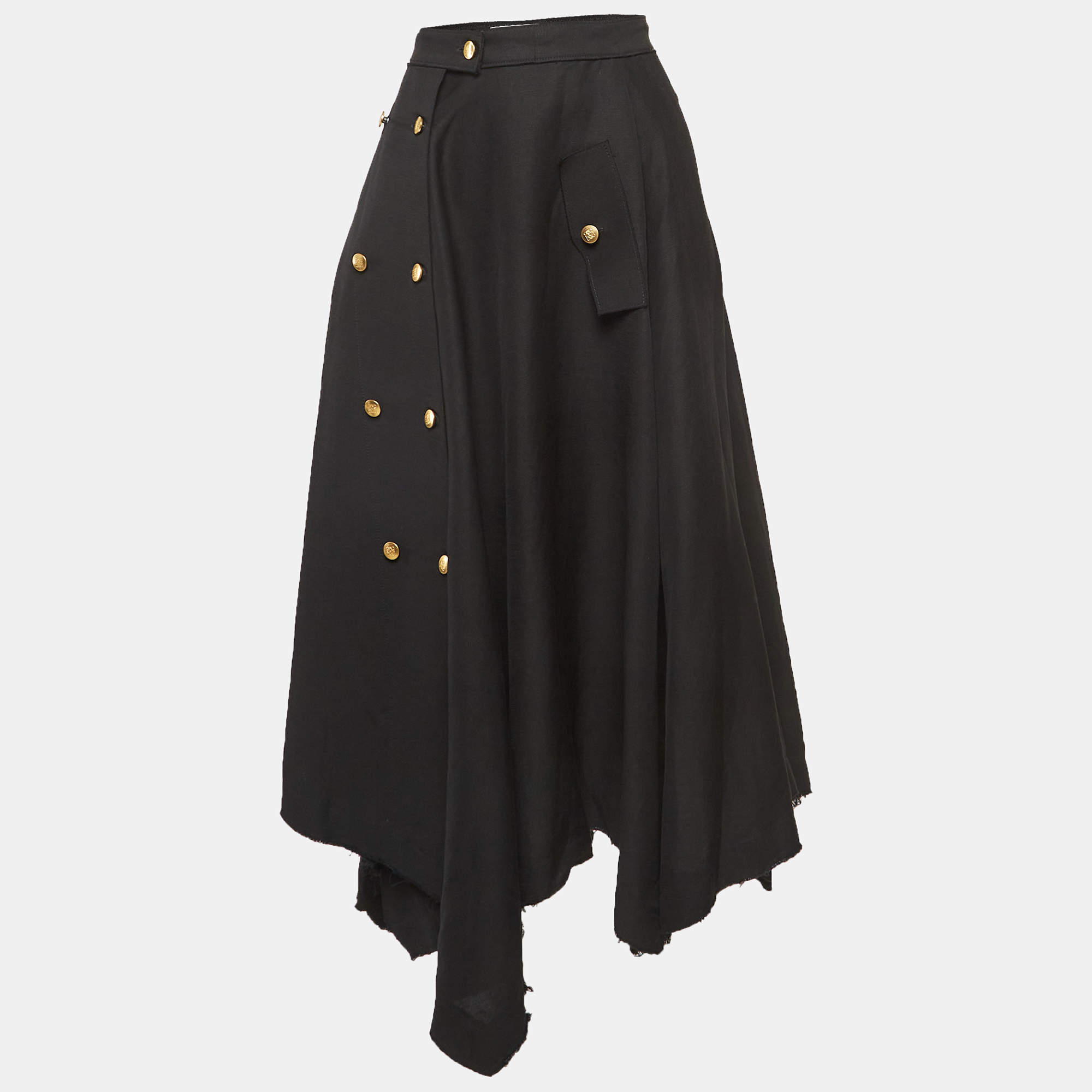 Loewe Black Raw Edge Linen Blend Button Detail Asymmetric Midi Skirt S