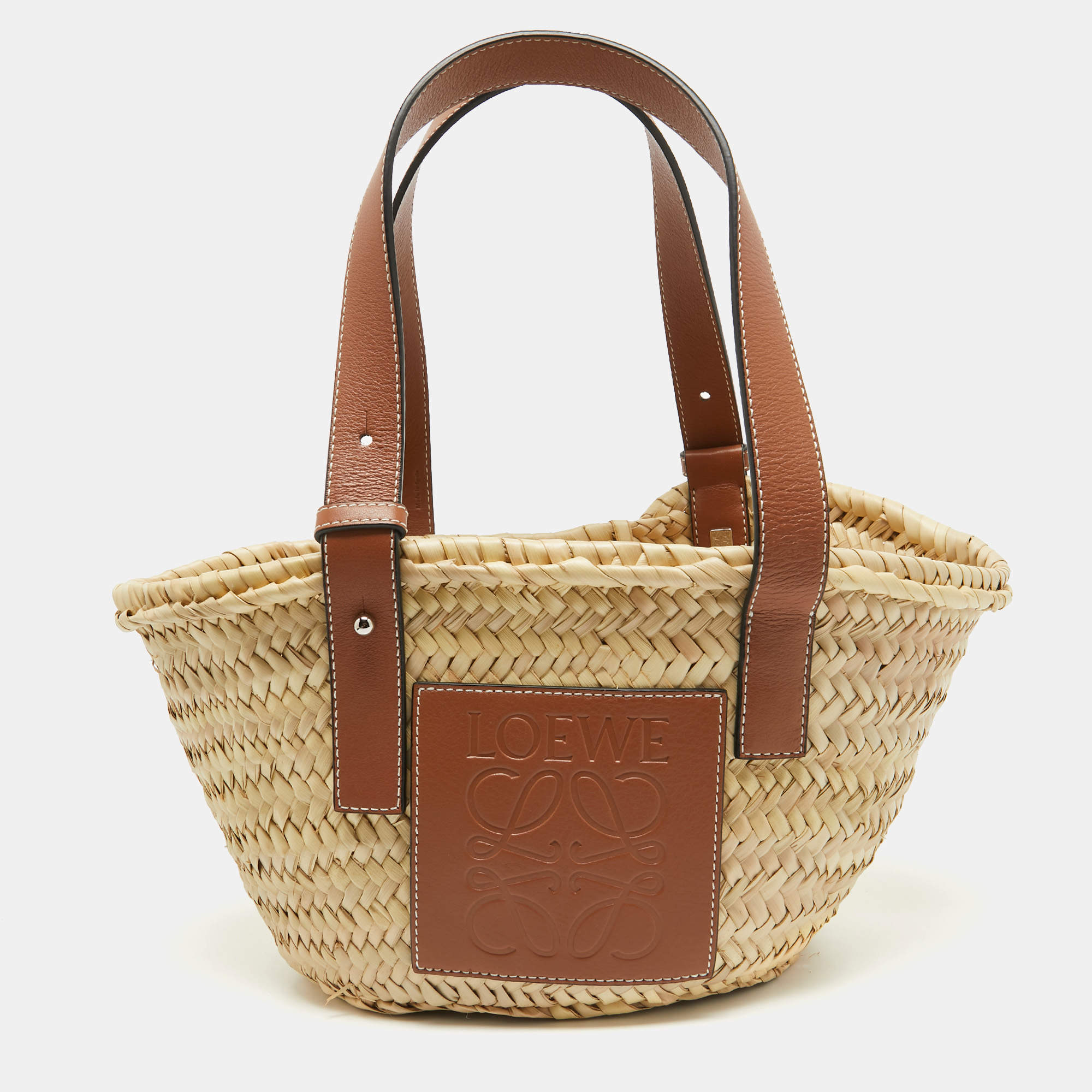 Pre Owned Loewe Brown/Natural Palm Leaf and Leather Small Basket Tote