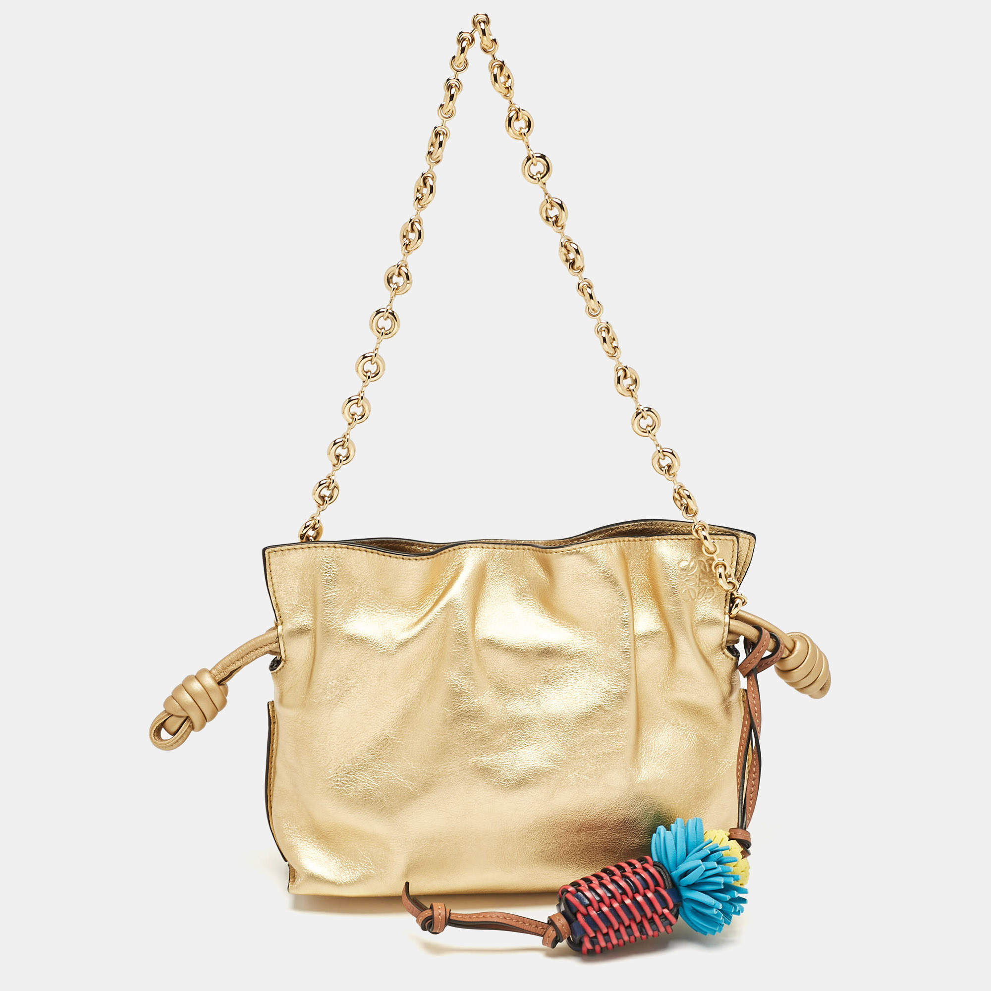 Loewe Gold Leather Mini Flamenco Chain Clutch