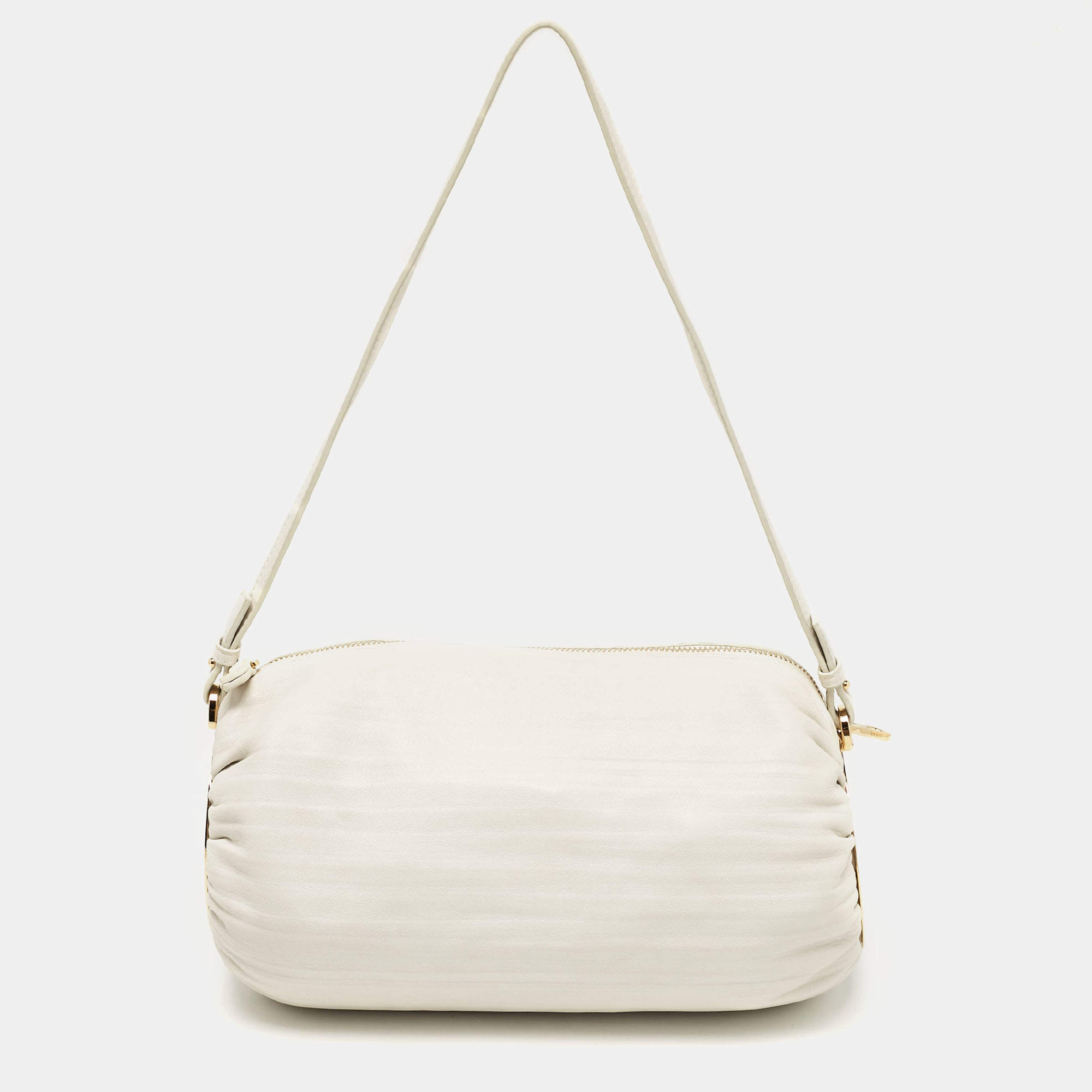 Pre Owned Loewe White Pleated Leather Bracelet Pouch Bag