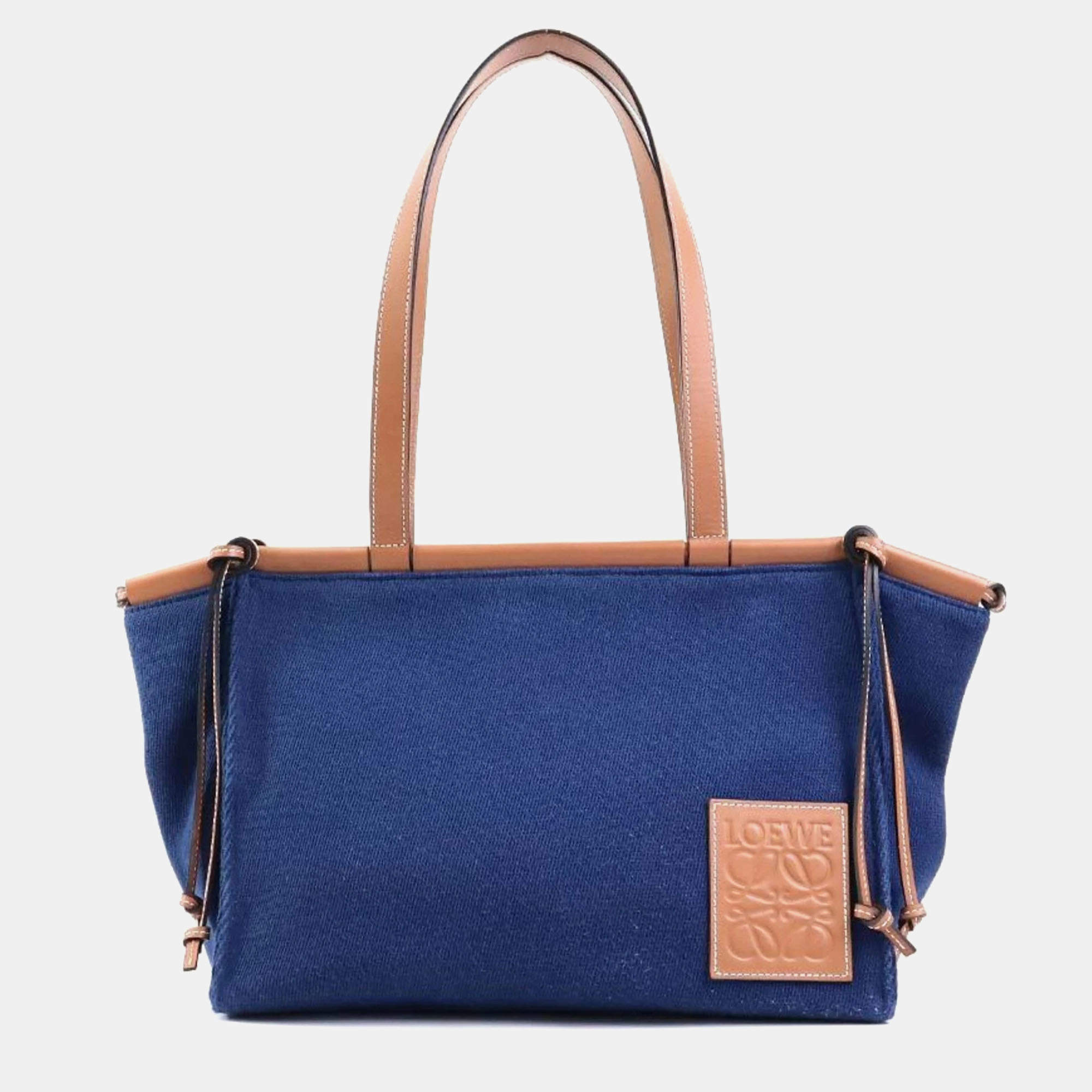 Pre Owned Loewe Brown/Navy Blue Canvas and Leather Cushion Tote Bag
