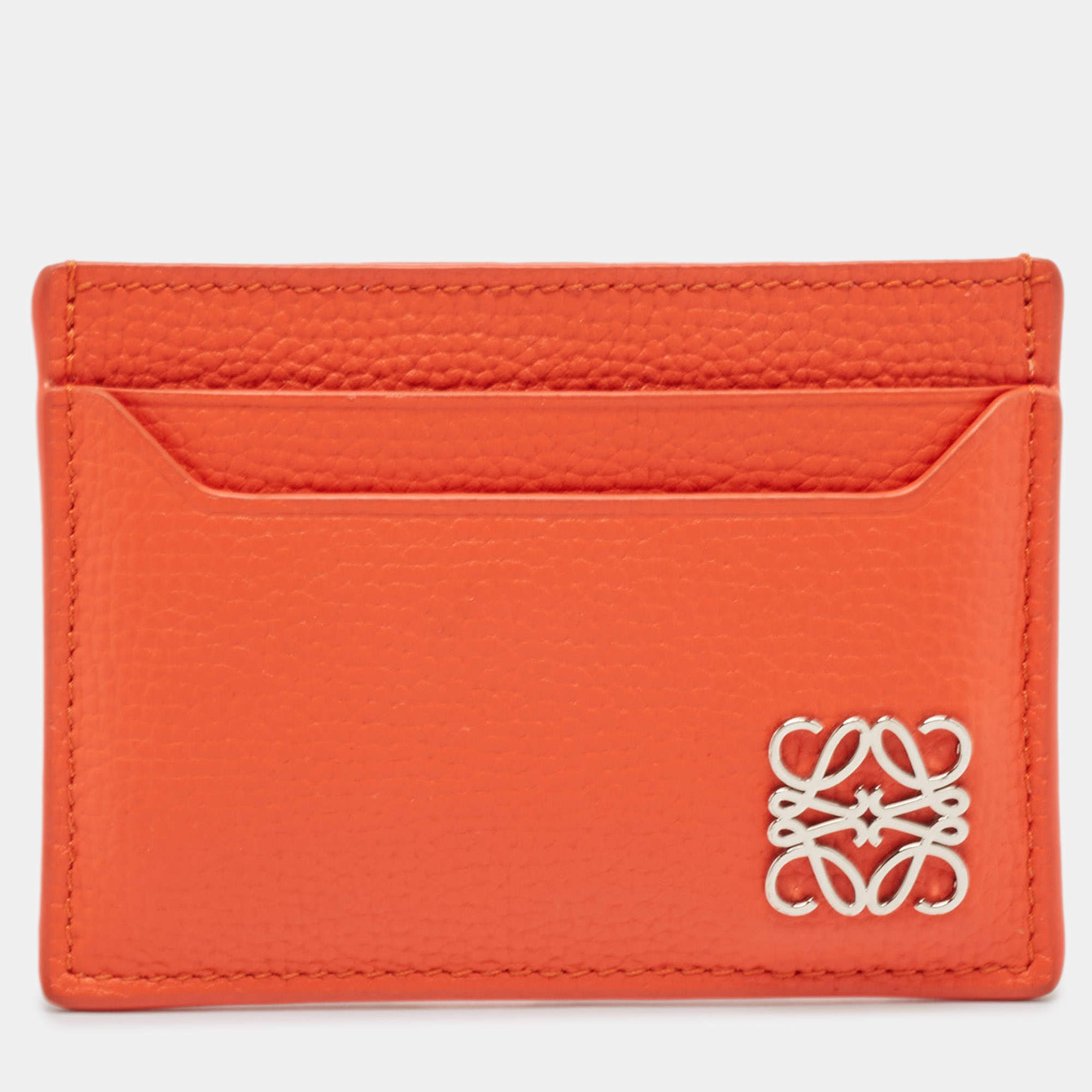 Pre Owned Loewe Orange Leather Anagram Card Holder