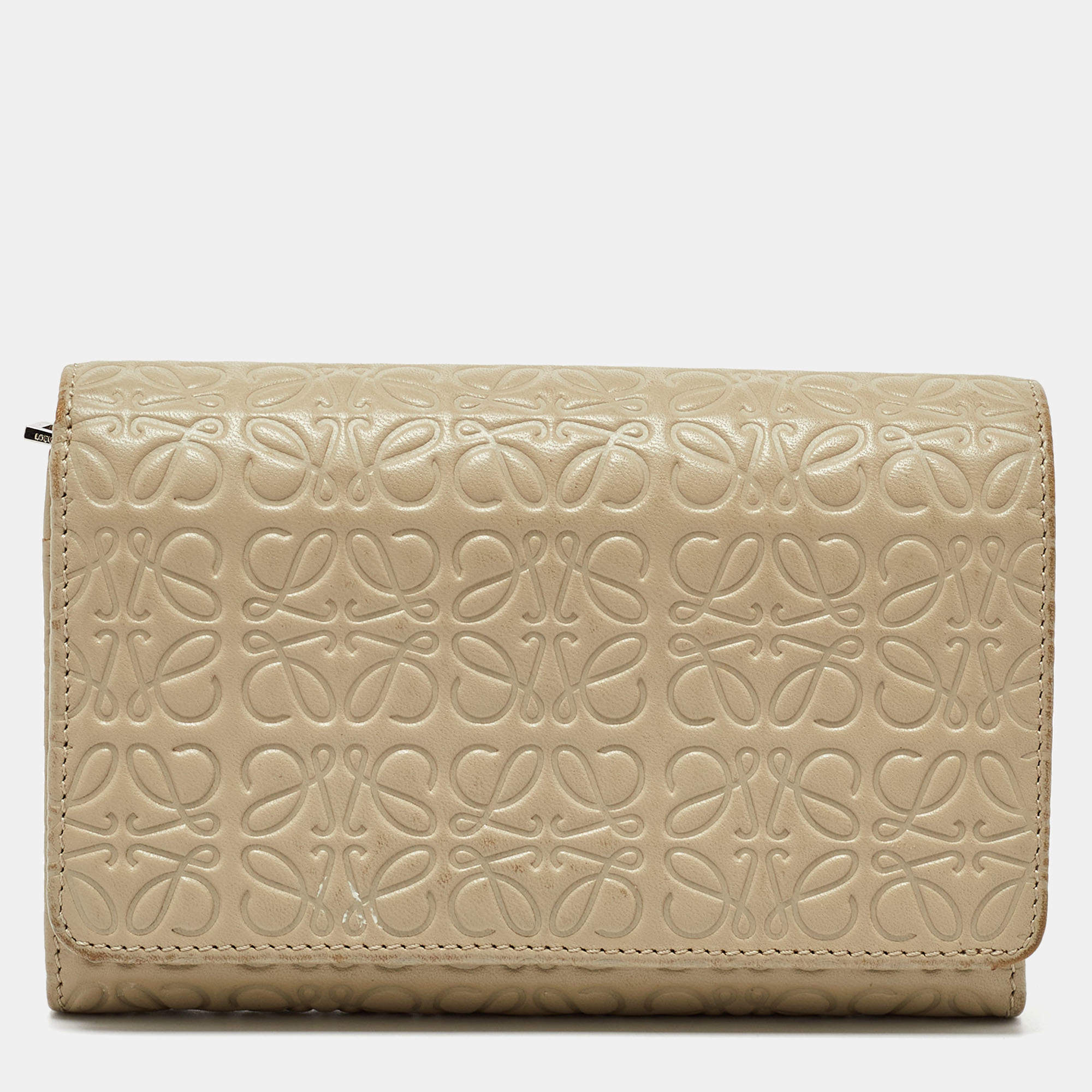 Loewe Beige Signature Embossed Leather Compact Wallet