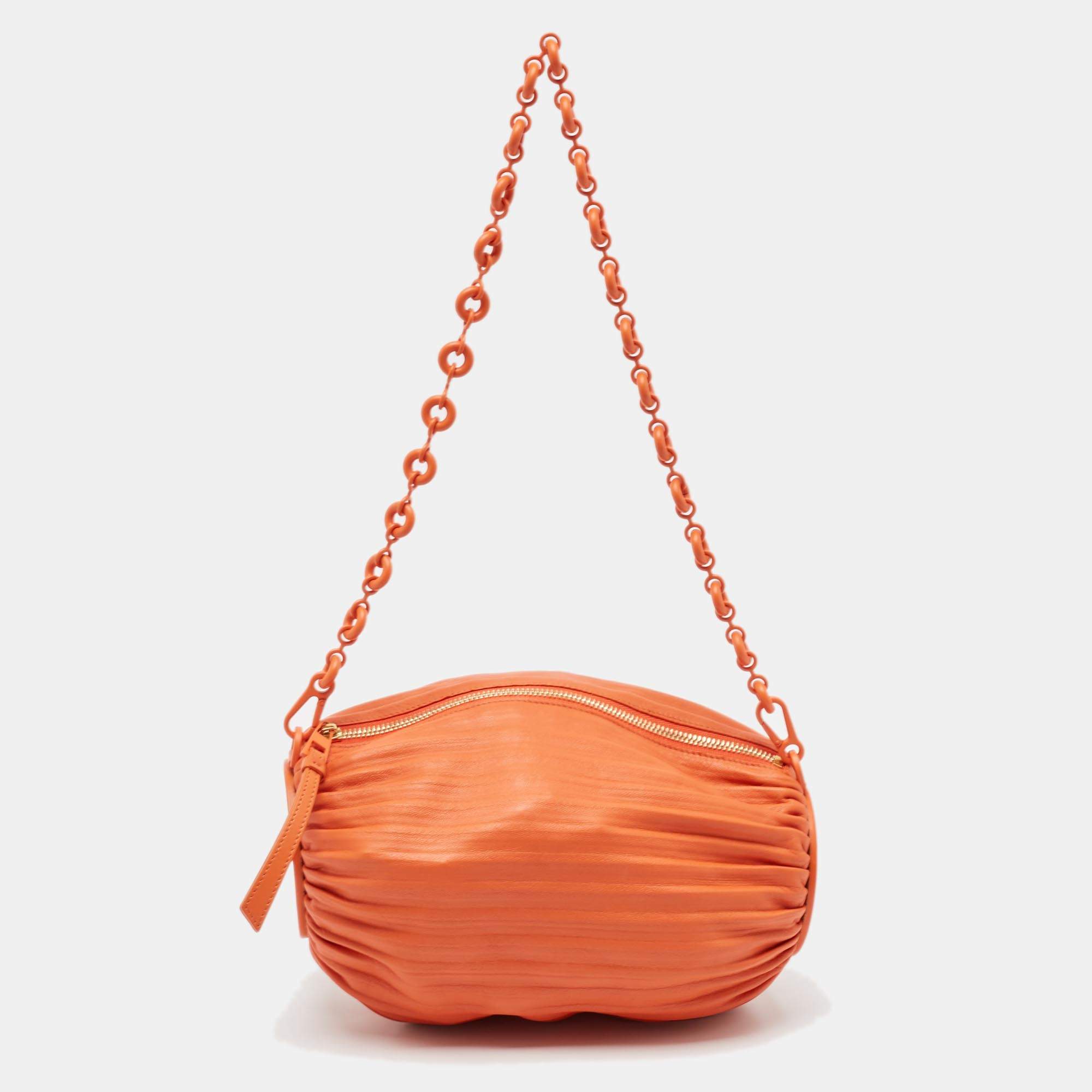 Loewe Orange Leather Pleated Braclet Pouch Bag 