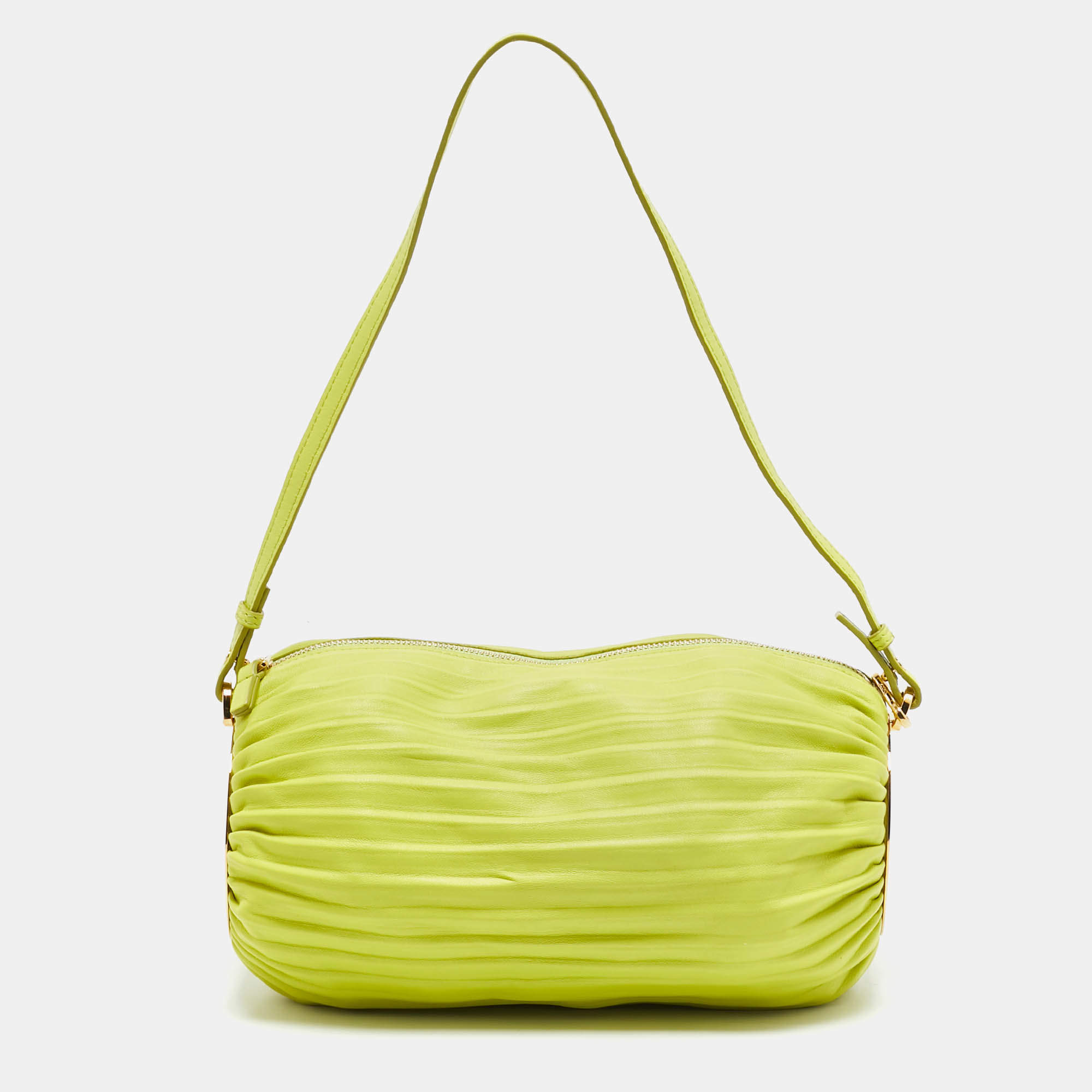 مملوكة مسبقًا Loewe Lime Green Pleated Leather Bracelet Pouch Bag