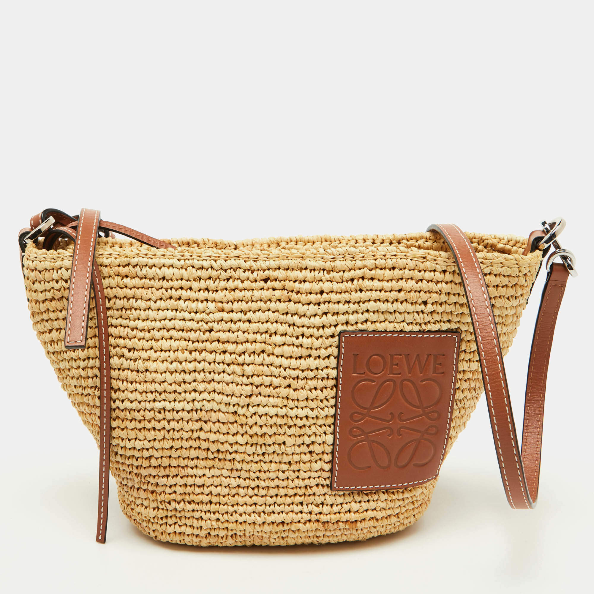 Loewe Beige/Tan Woven Raffia and Leather Slit Pochette Bag