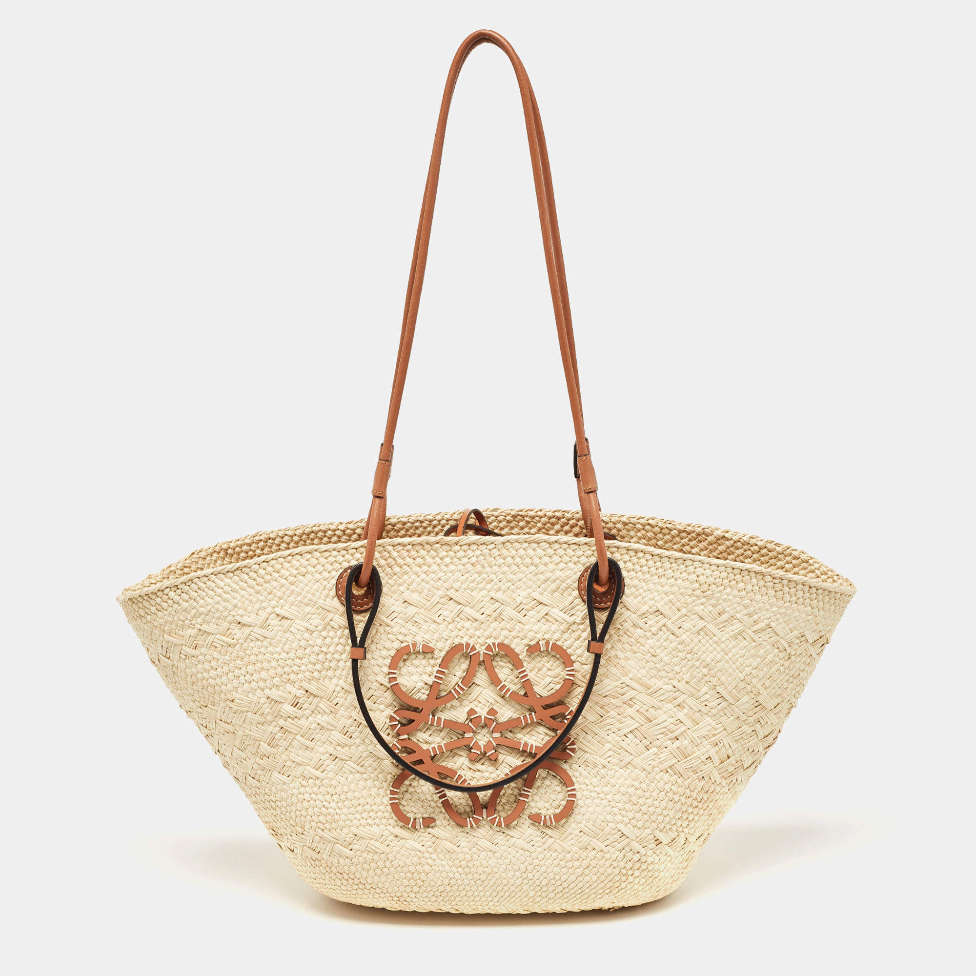 Loewe Beige/Brown Raffia and Leather Anagram Basket Tote