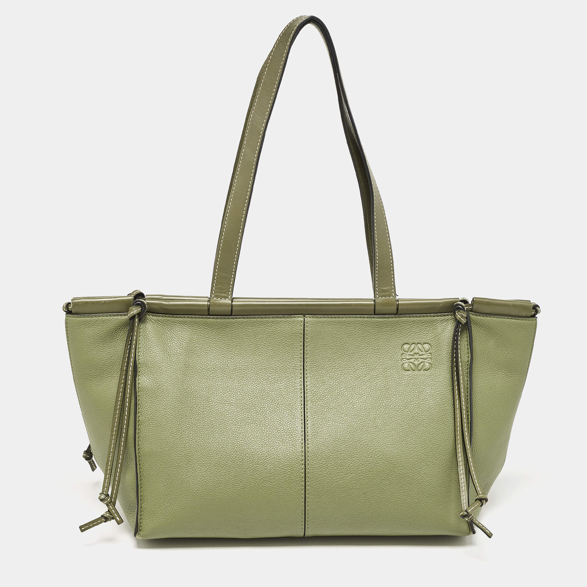 Pre Owned Loewe Olive Green Leather Cushion Tote