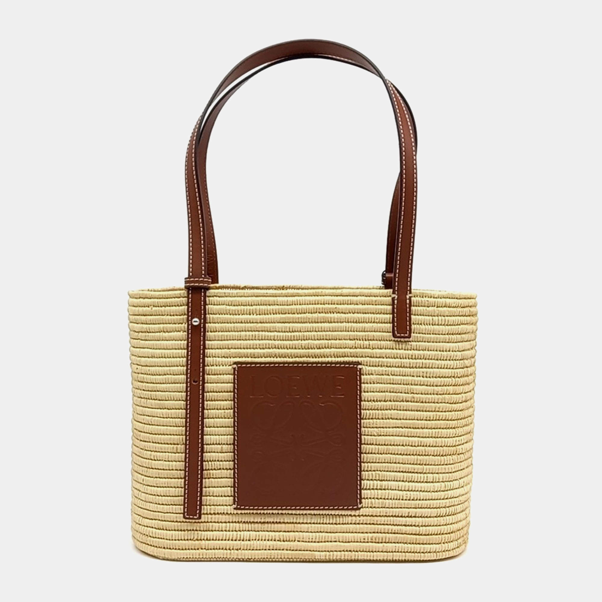 Loewe Beige Brown Leather and Raffia Square Basket Small Bag