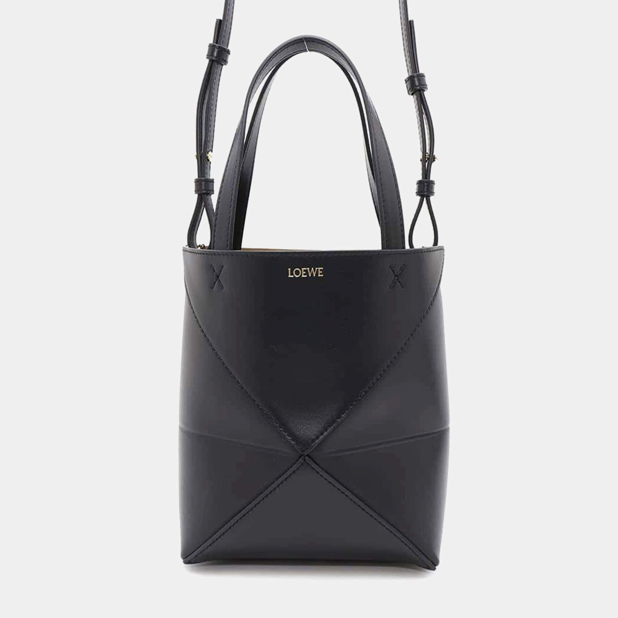  Loewe Black Shiny Calf Leather Mini Puzzlefold Tote Bag