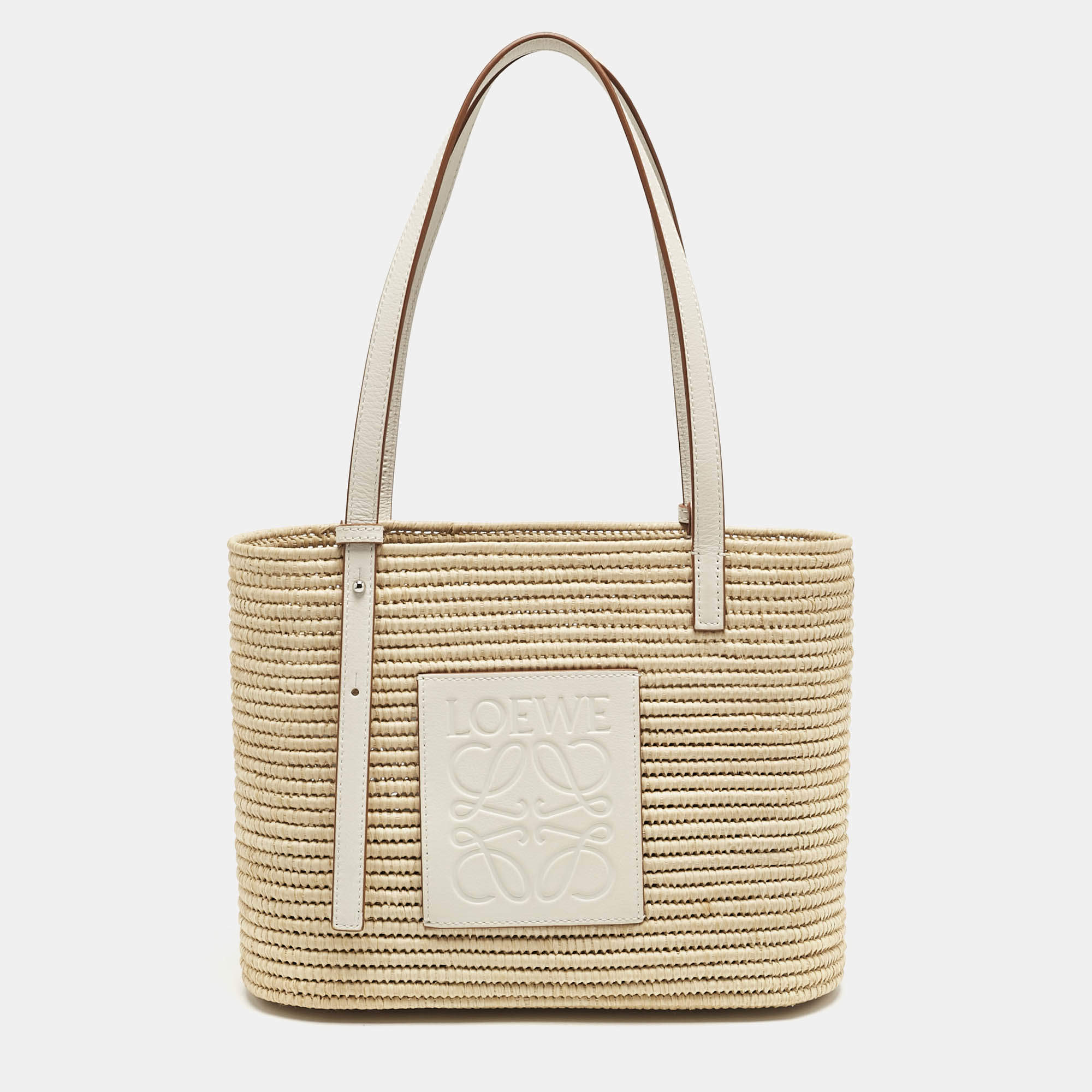 Pre Owned Loewe Beige/White Leather and Raffia Small Square Basket Tote