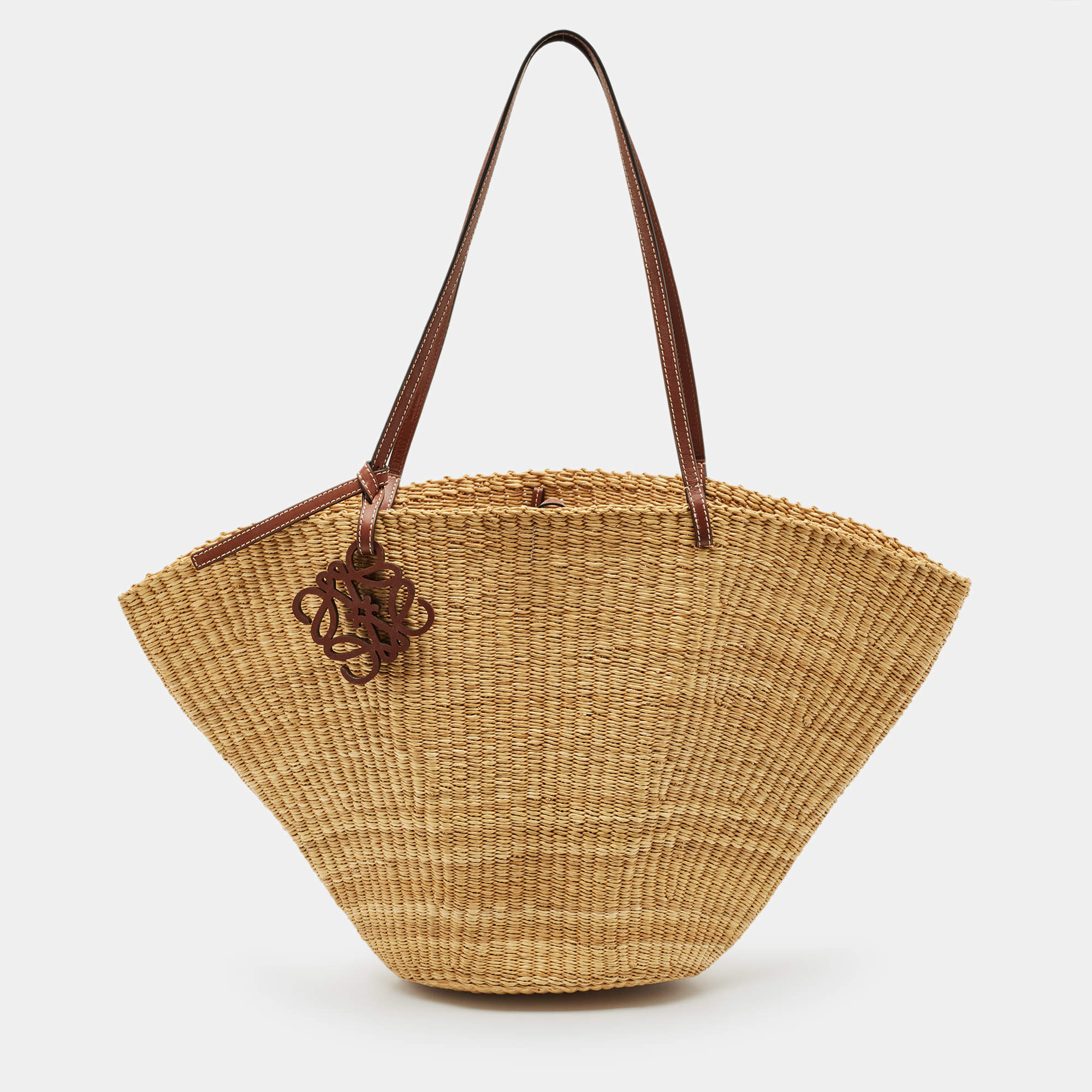 Pre Owned Loewe Natural/Tan Woven Raffia Shell Basket Bag