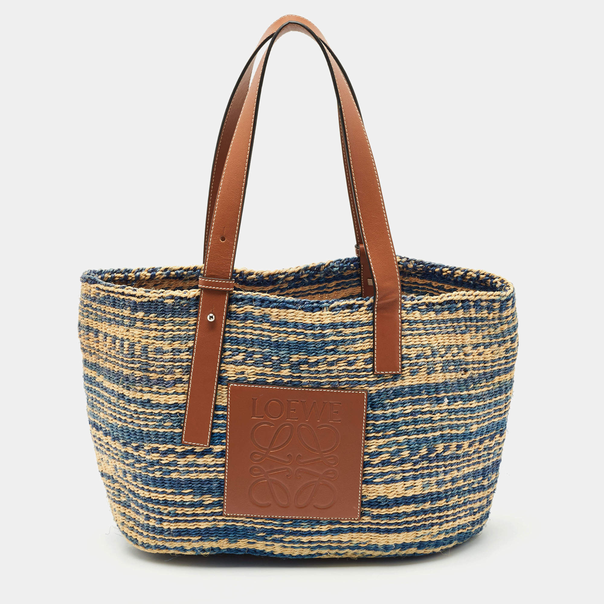 Loewe Blue/Natural Raffia Anagram Shopper Tote