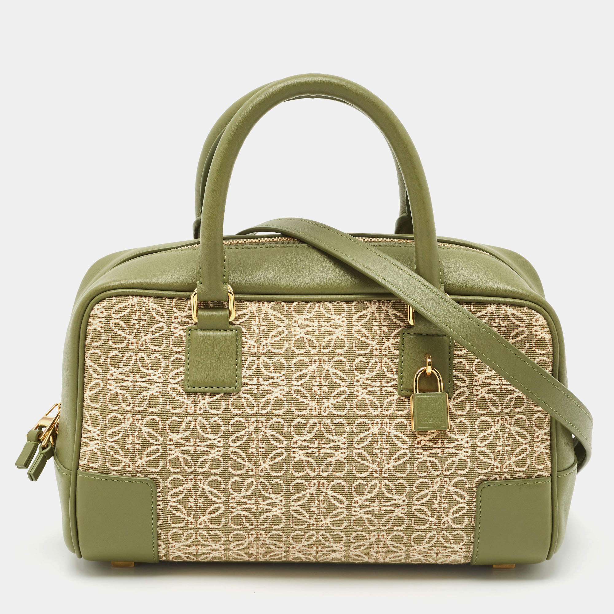 Pre Owned Loewe Military Green Jacquard Canvas and Leather Amazona 23 Bag