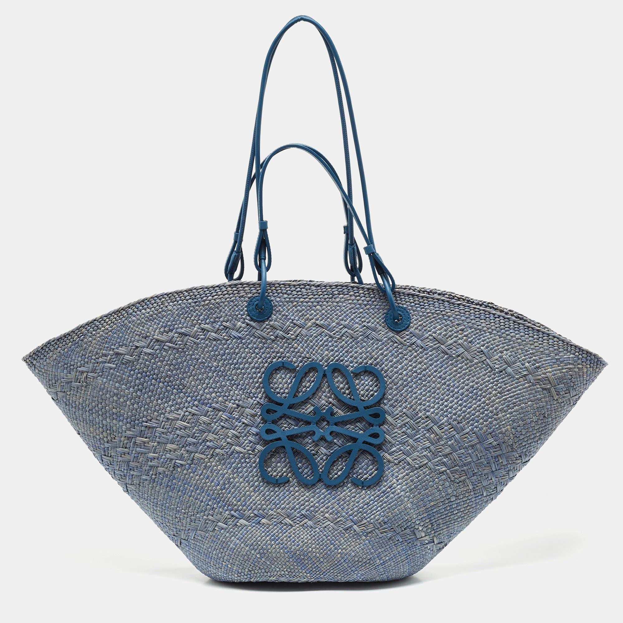 Loewe Blue Raffia and Leather Large Anagram Basket Tote