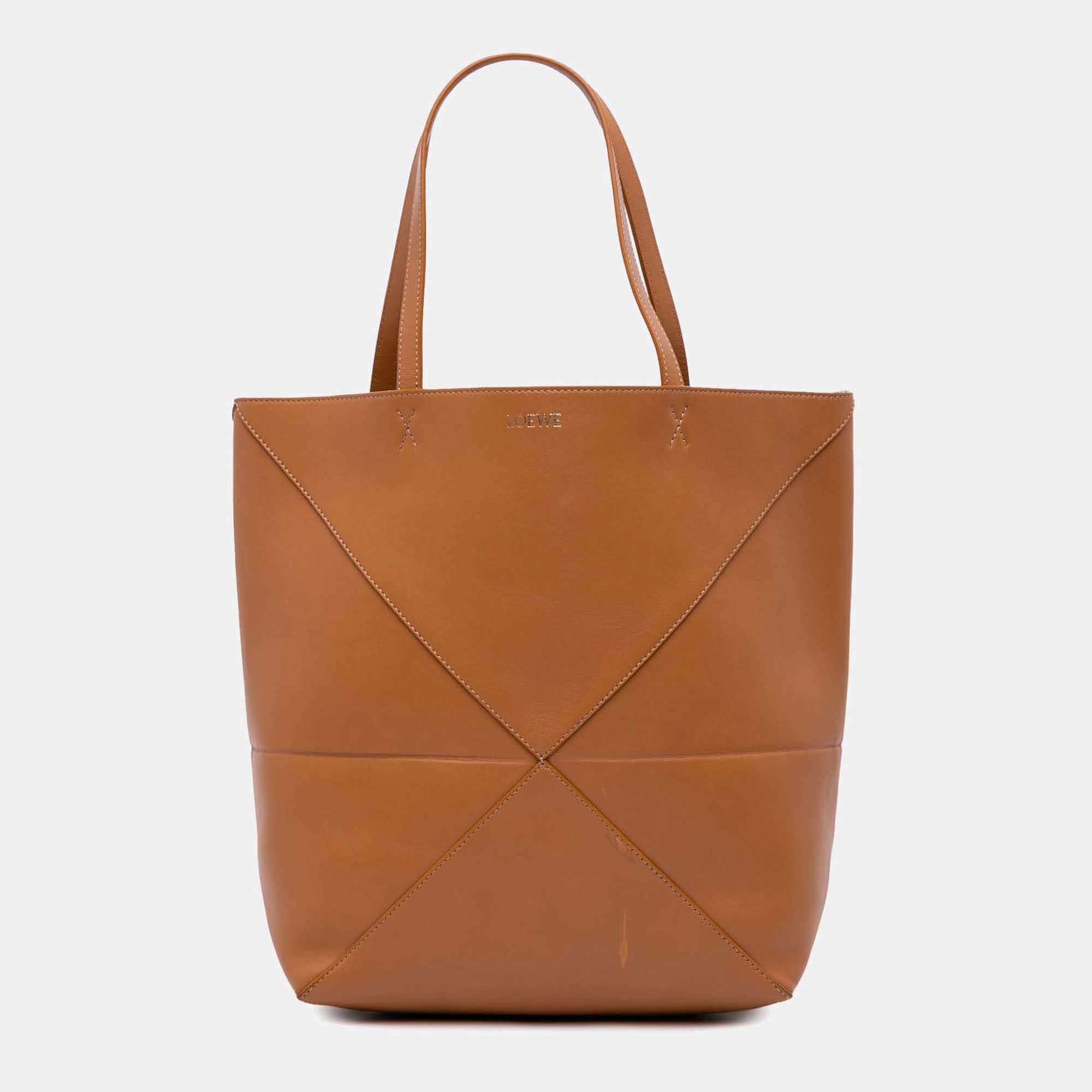 Loewe Brown Medium Shiny Calfskin Puzzle Fold Tote