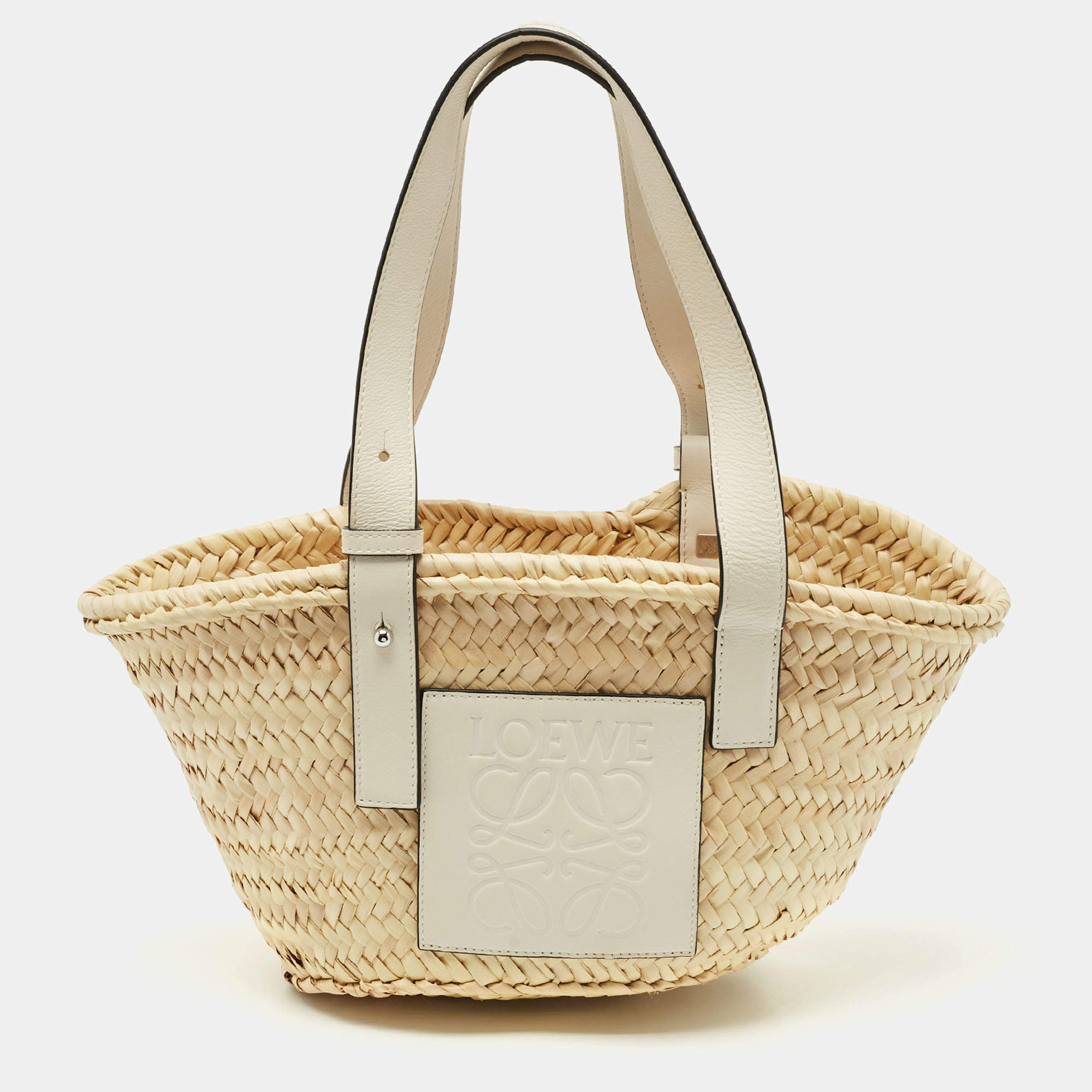 Pre Owned Loewe White/Cream Raffia and Leather Small Basket Tote