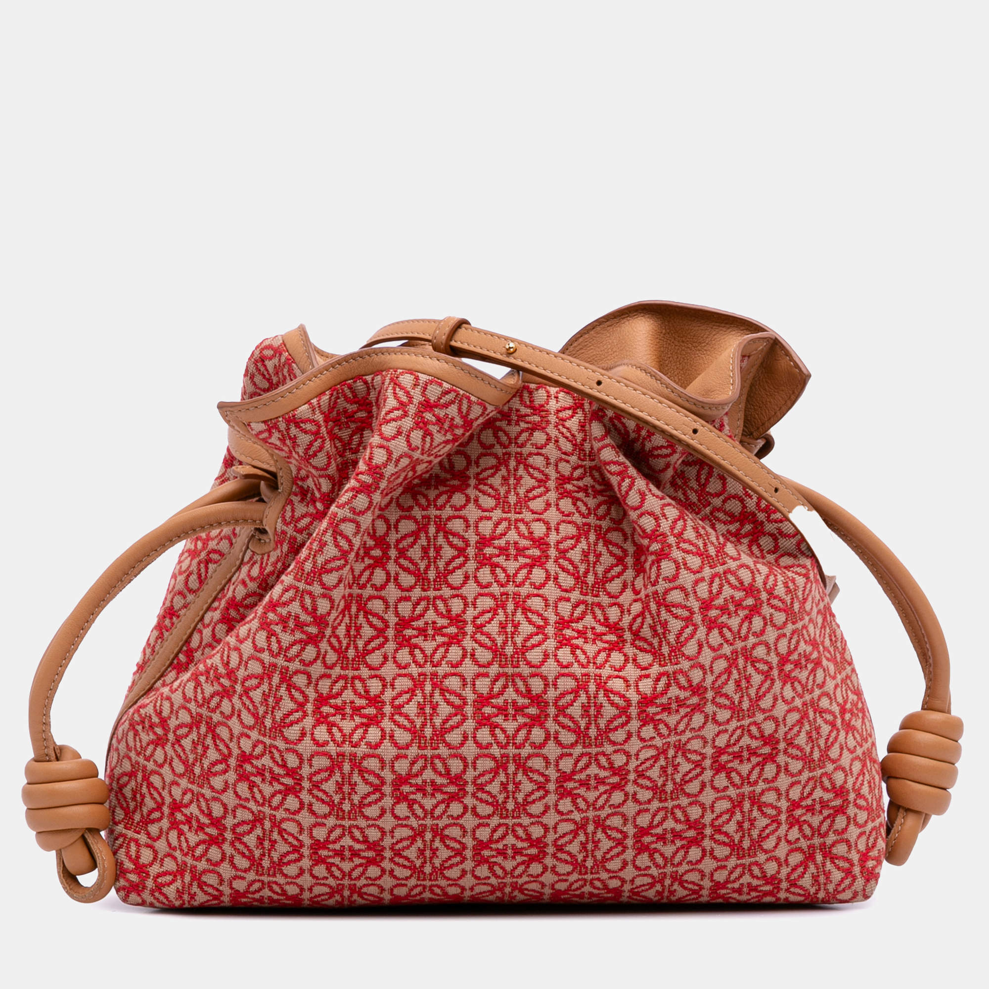 مملوكة مسبقًا Loewe Brown Red Anagram Canvas Flamenco Knot Clutch